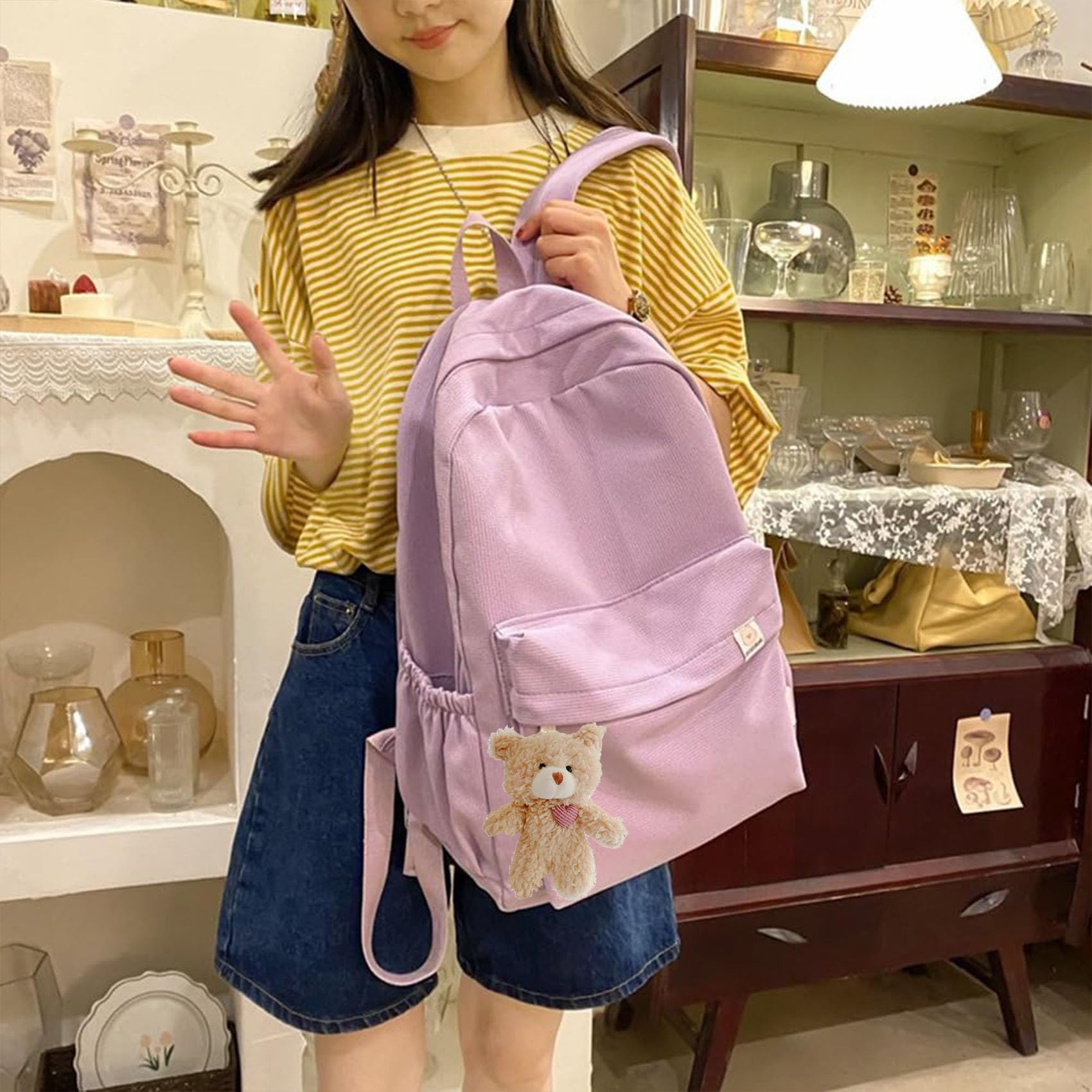 Cute Aesthetic Bear Backpack - Kawaii Simple Solid Color Laptop Bag with Bear Pendant for Women & Teens | School, College, Travel & Work Commute Accessories