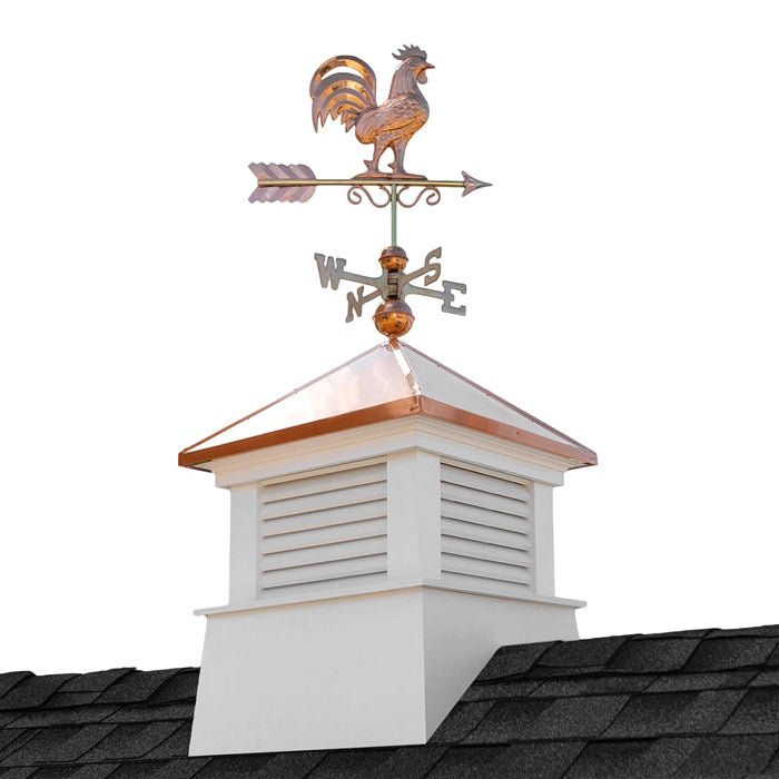 26 Square Manchester Vinyl Cupola with Rooster Weathervane - Decorative Roof Top Ventilation for Barns, Sheds & Country Homes - Weather Resistant & Durable Outdoor Decor