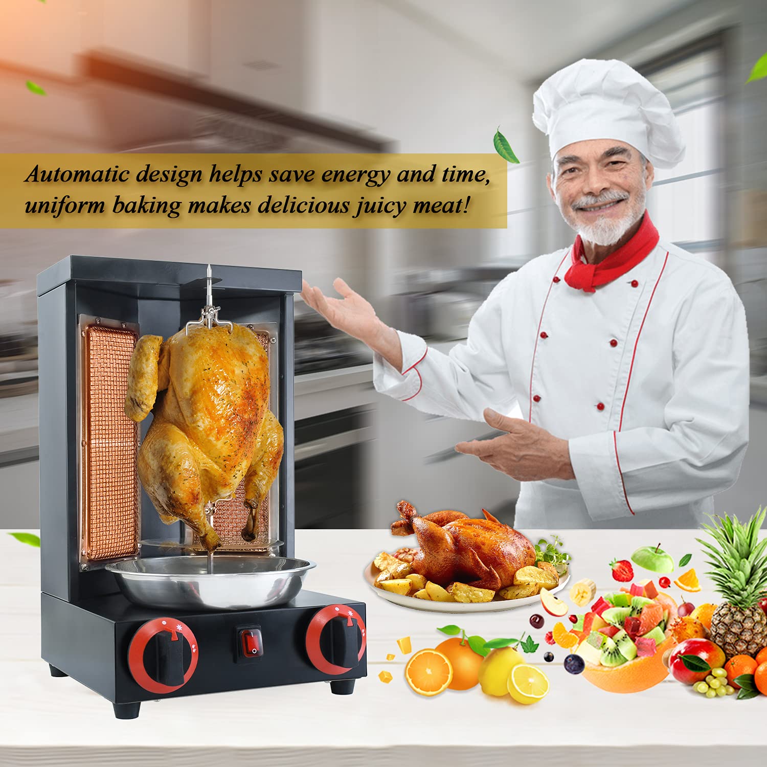 Commercial Vertical Rotisserie Grill Machine for Shawarma, Doner Kebab & Gyro - 2 Burner Gas Countertop Rotisserie Oven with Propane Turkey Broiler | Perfect for Restaurants, Food Trucks & Outdoor Cooking