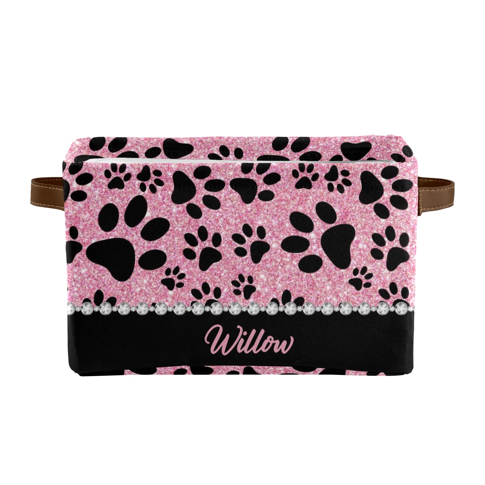Personalized Dog Paw Pink Glitter Storage Bins - Durable Cubic Organizer Basket with Handle for Shelves, Wardrobe, Nursery & Toy Storage (1 Pack) - Perfect for Pet Lovers' Home Organization & Kids' Room Decor