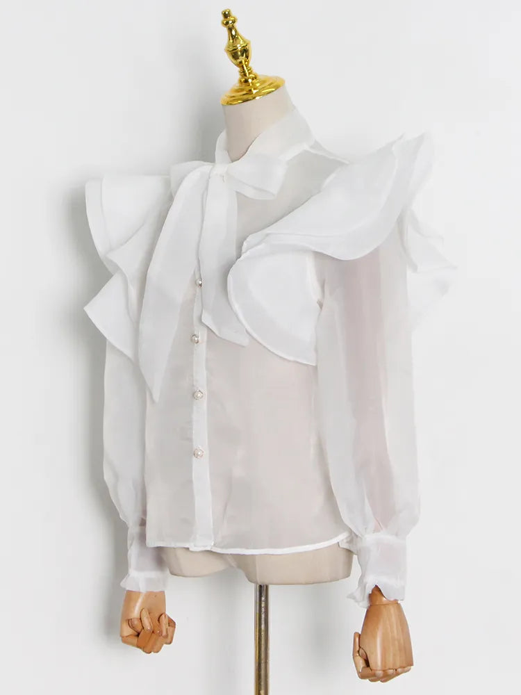 Black Bow Fold Shirt for Women - Stand Collar Lantern Sleeve Patchwork Mesh Bohemian Blouse | Summer Fashion Top for Casual Wear, Beach Outfits & Boho Style