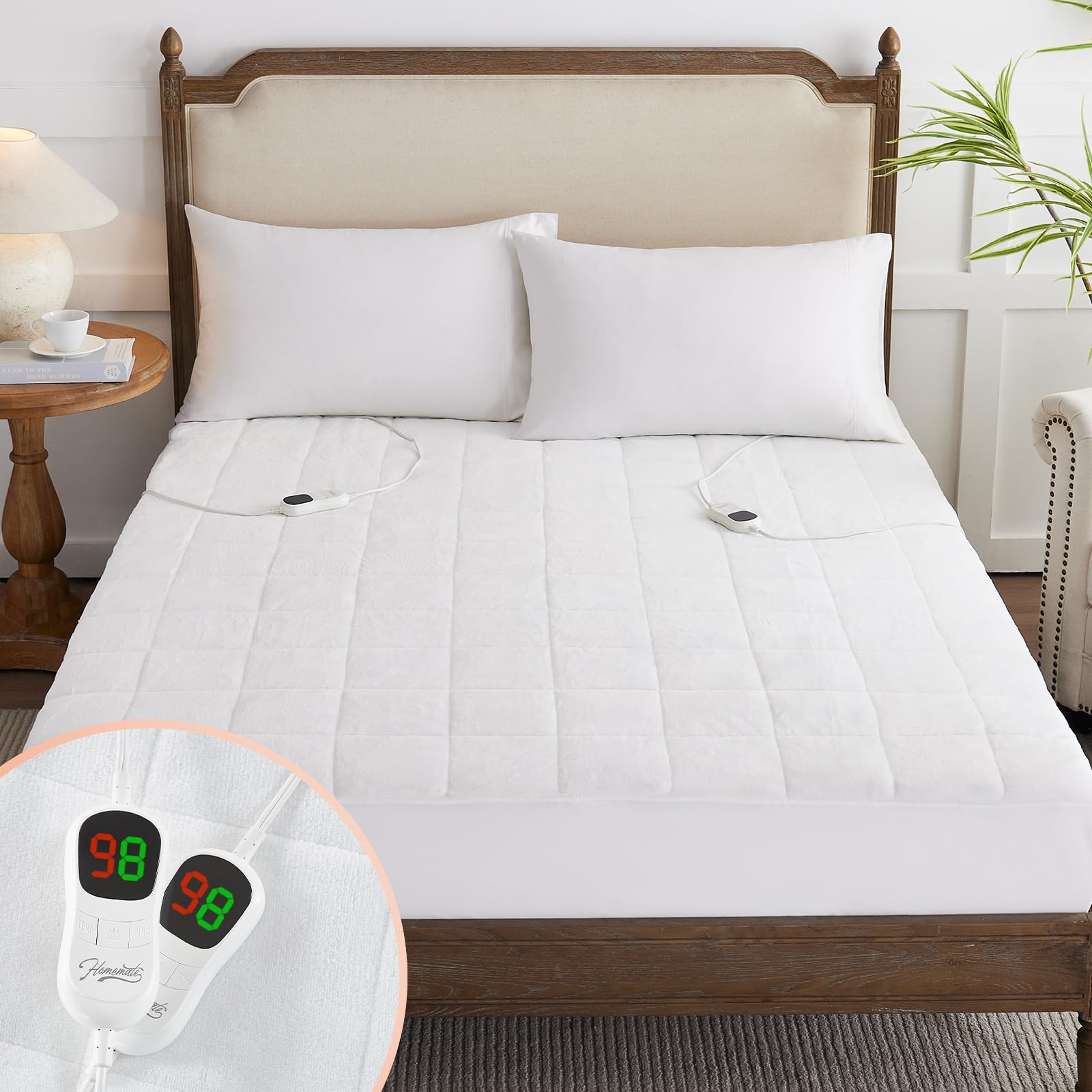 Homemate Queen Size Electric Heated Mattress Pad - 5 Heat Settings, Coral Fleece, Dual Controller & Auto-Off (10 Hours) - Fits Up to 21