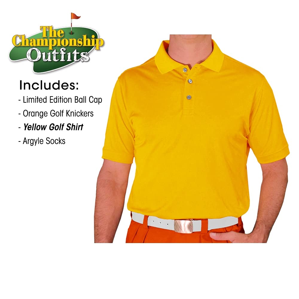 **Men's Orange Microfiber Golf Outfit Set - Limited Edition Ball Cap, Argyle Over-The-Calf Socks & Yellow Polo Shirt for Casual Wear & Sports**