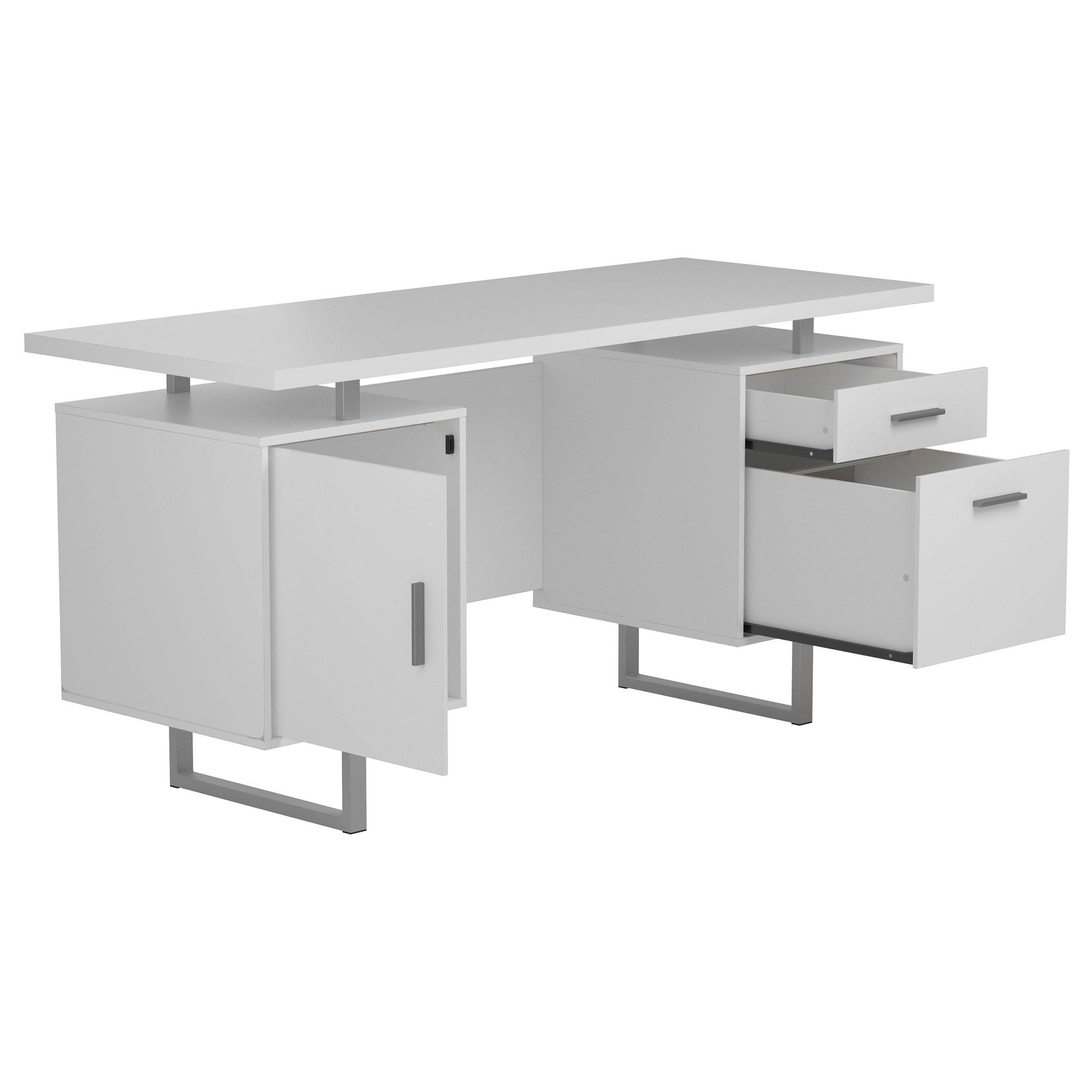 Modern Contemporary 2-Drawer Home Office Writing Desk with Storage File Cabinet - Silver Metal Frame & White High Gloss Finish - Perfect for Small Spaces, Home Offices, and Workspaces (Model 803521)