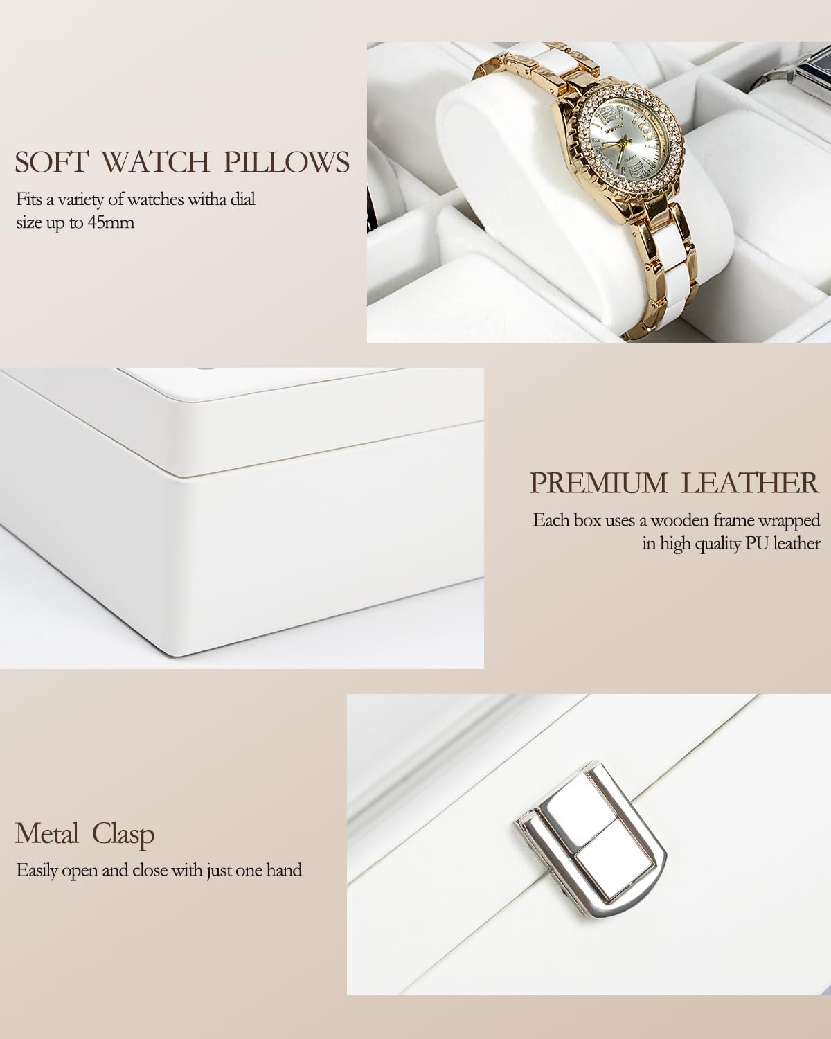 Premium GUKA 12-Slot Watch Box with Real Glass Lid & Removable Pillows - Luxury White Synthetic Leather Watch Organizer for Men | Perfect for Watch Collection Display, Storage & Travel