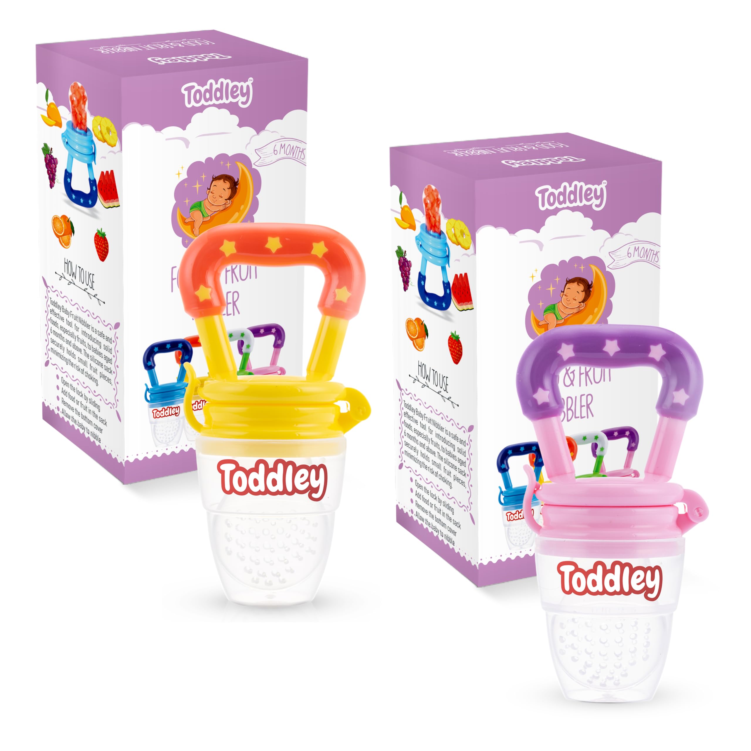 Toddley Silicone Baby Food and Fruit Feeder Combo Pack - Soft Pacifier Teether for Infants 6+ Months (2-Pack, Pink & Yellow) - Perfect for Purees, Teething Relief & On-the-Go Feeding
