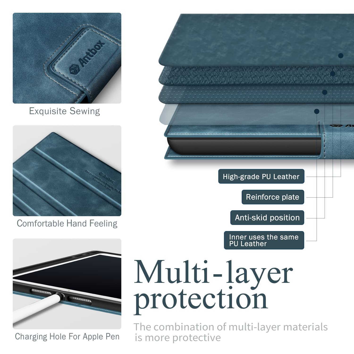 Premium PU Leather Smart Case for iPad 9th/8th/7th Generation (10.2-inch 2021/2020/2019 Model) with Apple Pencil Holder & Auto Sleep/Wake - Protective iPad Cover in Blue - Perfect for Work, School & Travel