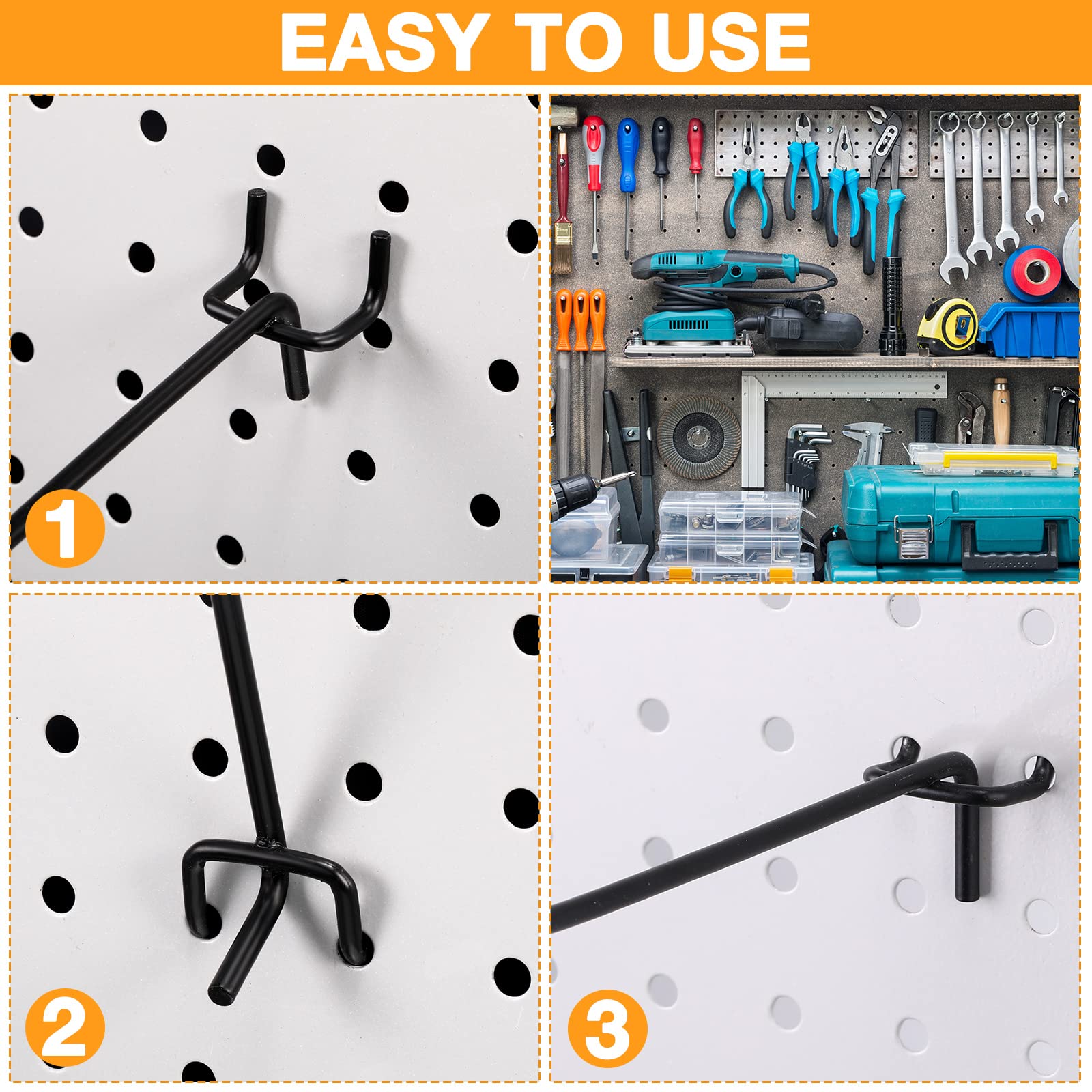 Shimeyao 100 Pcs Stainless Steel Peg Board Hooks - 8 Inch Black Wall Mount Hanging Hooks for 1/8 & 1/4 Inch Pegboard - Garage Storage Organizer Accessories for Tools, Kitchen Utensils & Retail Display