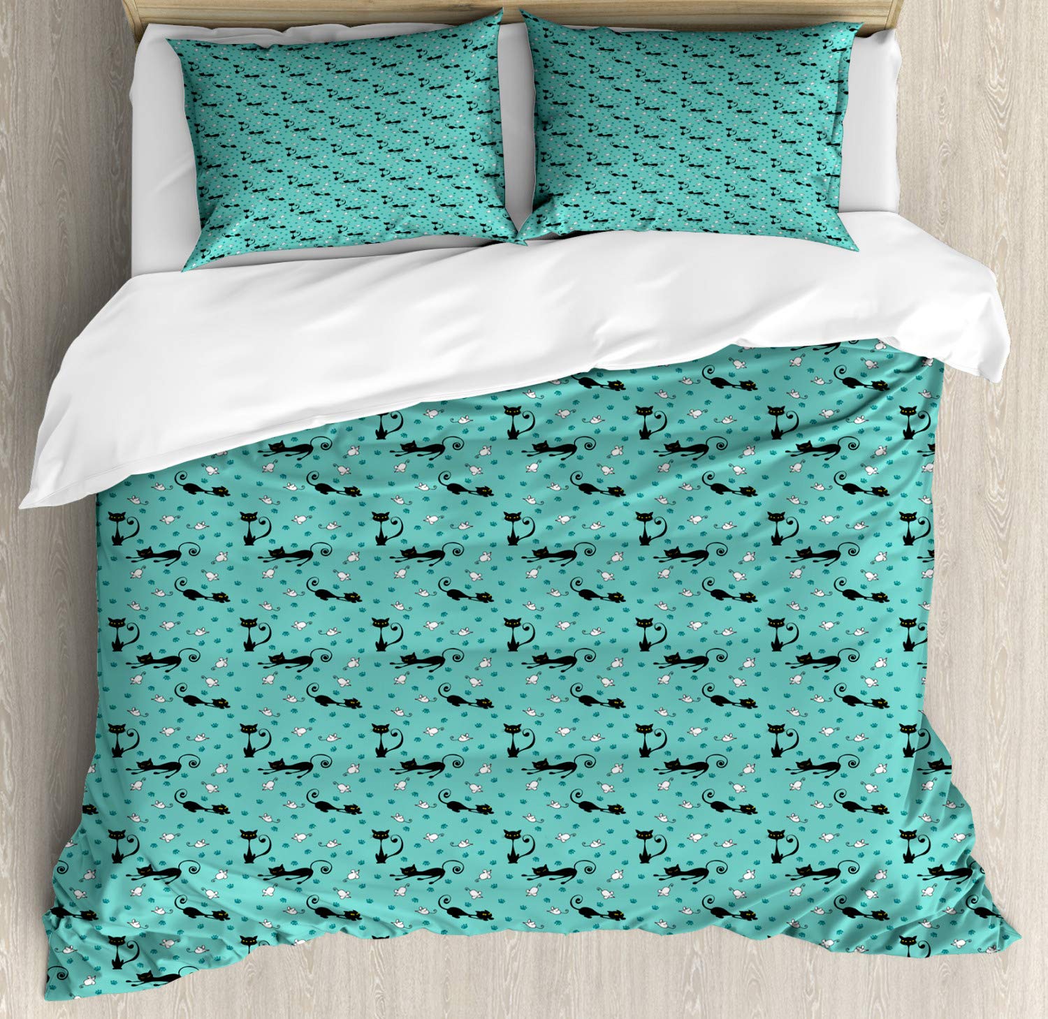 Ambesonne Cat Duvet Cover Set - King Size 2-Pack with 2 Duvet Covers & 4 Pillowcases | Fun Black & White Cartoon Cat & Mouse Paw Print Design | Soft Seafoam Black White Bedding for Kids, Teens & Cat Lovers | Perfect for Bedroom Decor & Gift Ideas