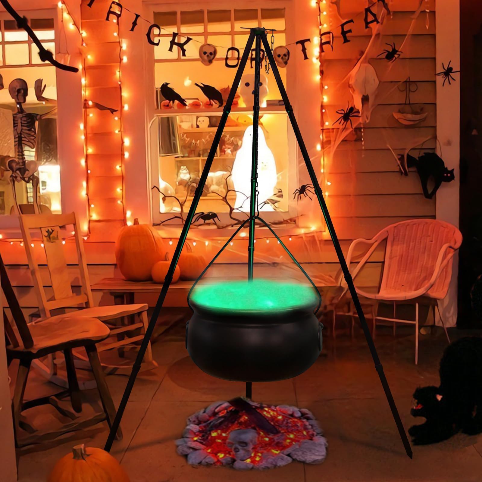 Large Outdoor Halloween Cauldron Decor with Tripod & Timer Lights - Witch Cauldron Decorations for Porch, Yard, and Halloween Party Setup (Medium Size)