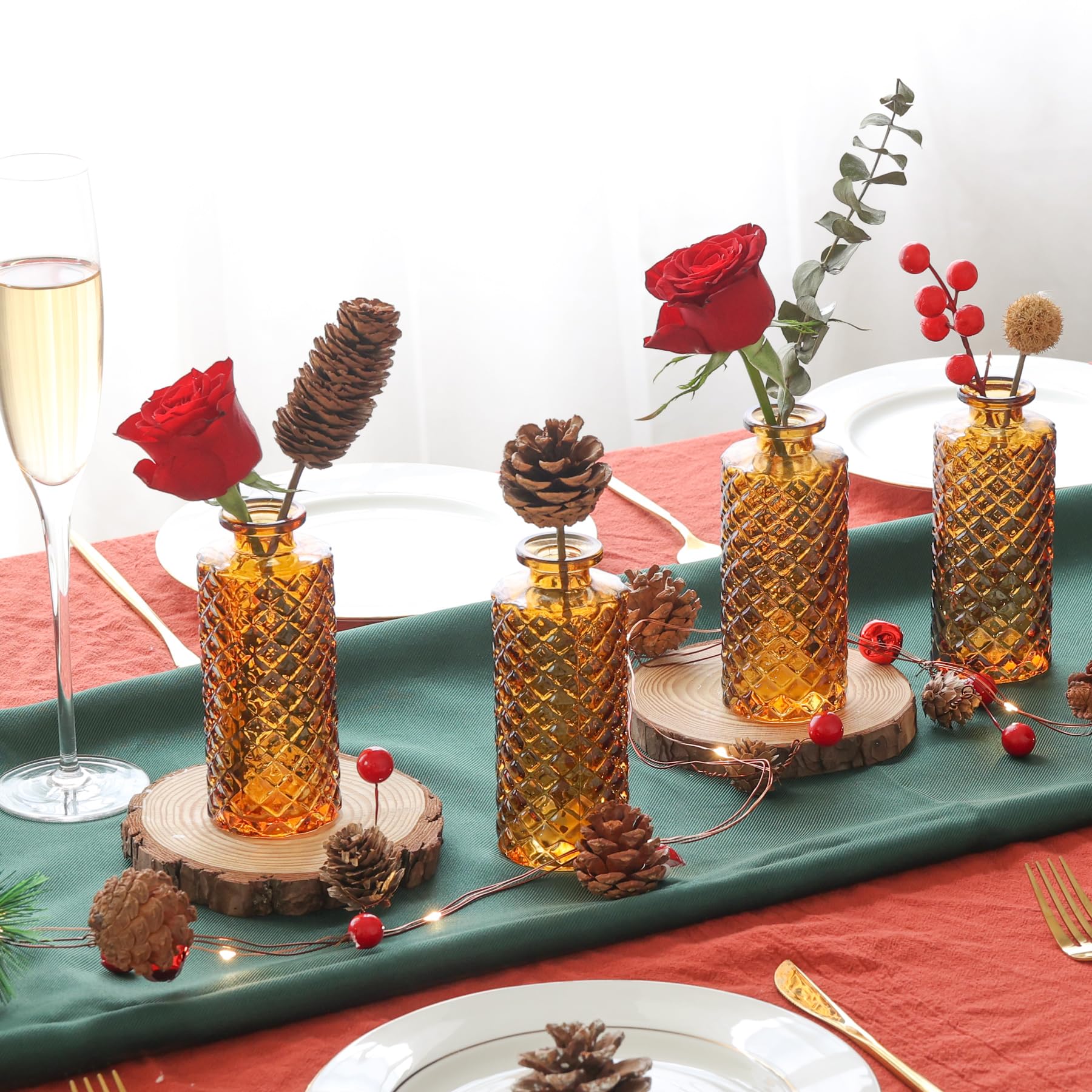 ComSaf 12-Piece Glass Bud Vases Set - Small Diamond Cut Mini Flower Vases for Wedding Centerpieces, Table Decor, Home & Reception Decorations (Amber) - Perfect for Wedding Bouquets, Floral Arrangements, and Rustic Home Decor