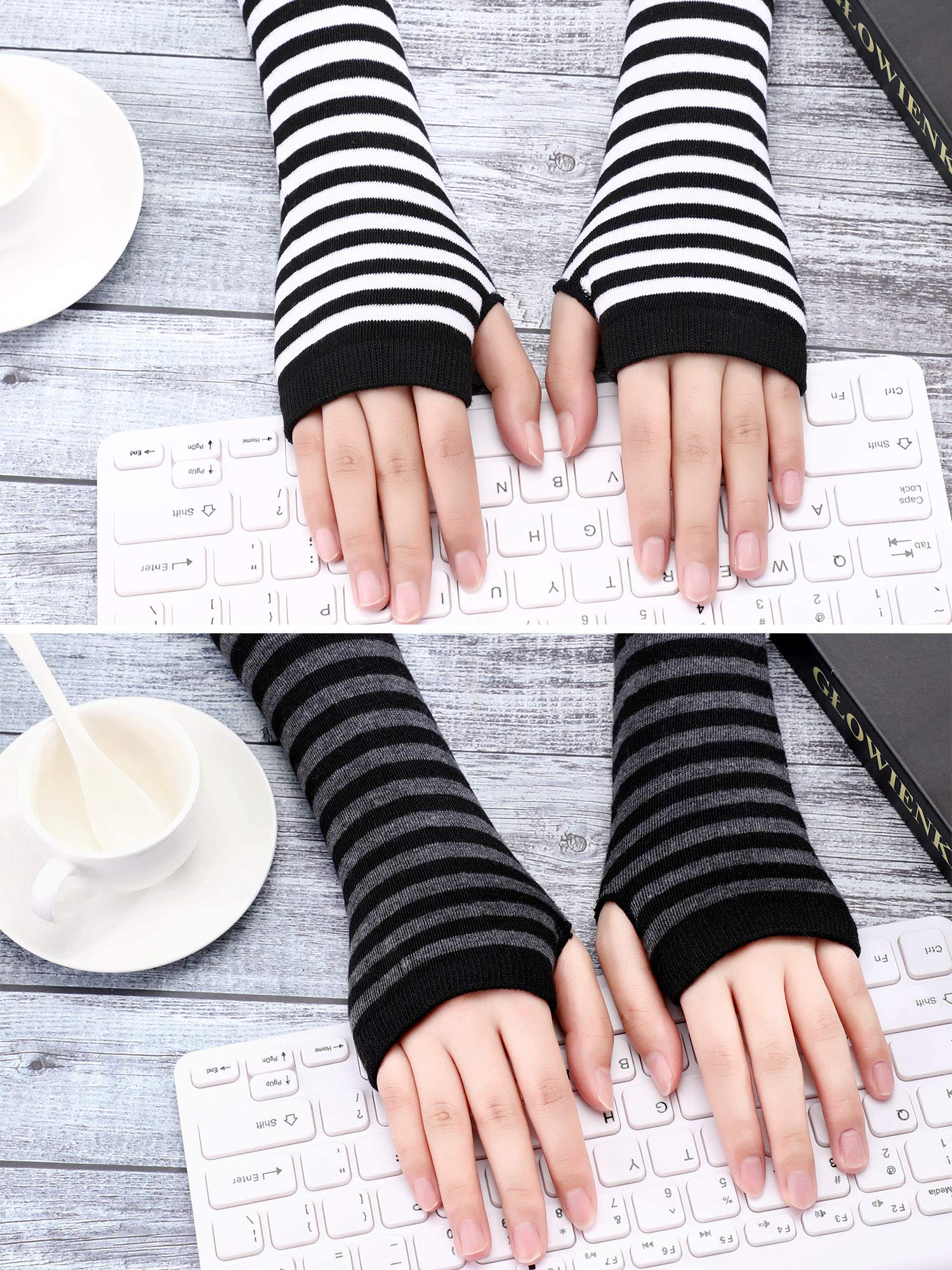 4 Pairs Women's Knit Arm Warmers - Long Fingerless Gloves with Thumb Hole, Elbow Length Winter Hand Warmers for Women (Black, Grey, Blue, Coffee) - Perfect for Outdoor Activities, Running, Cycling, Yoga and Cold Weather Fashion