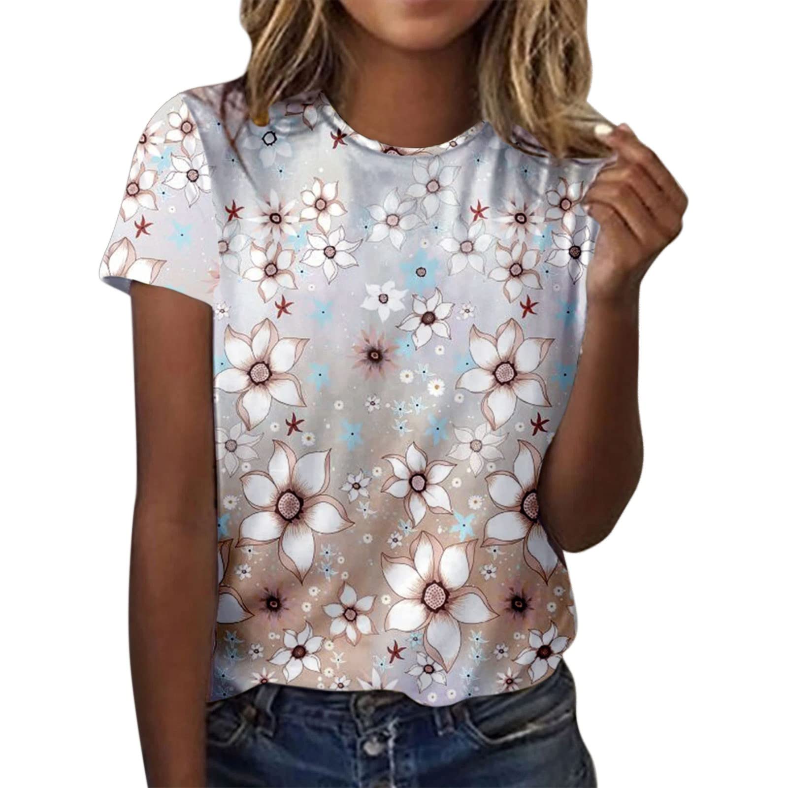 Women's Summer Short Sleeve Crew Neck Floral Print T-Shirt - Casual Tee Top (Grey, XL) | Perfect for Beach Outings, Casual Wear & Everyday Comfort