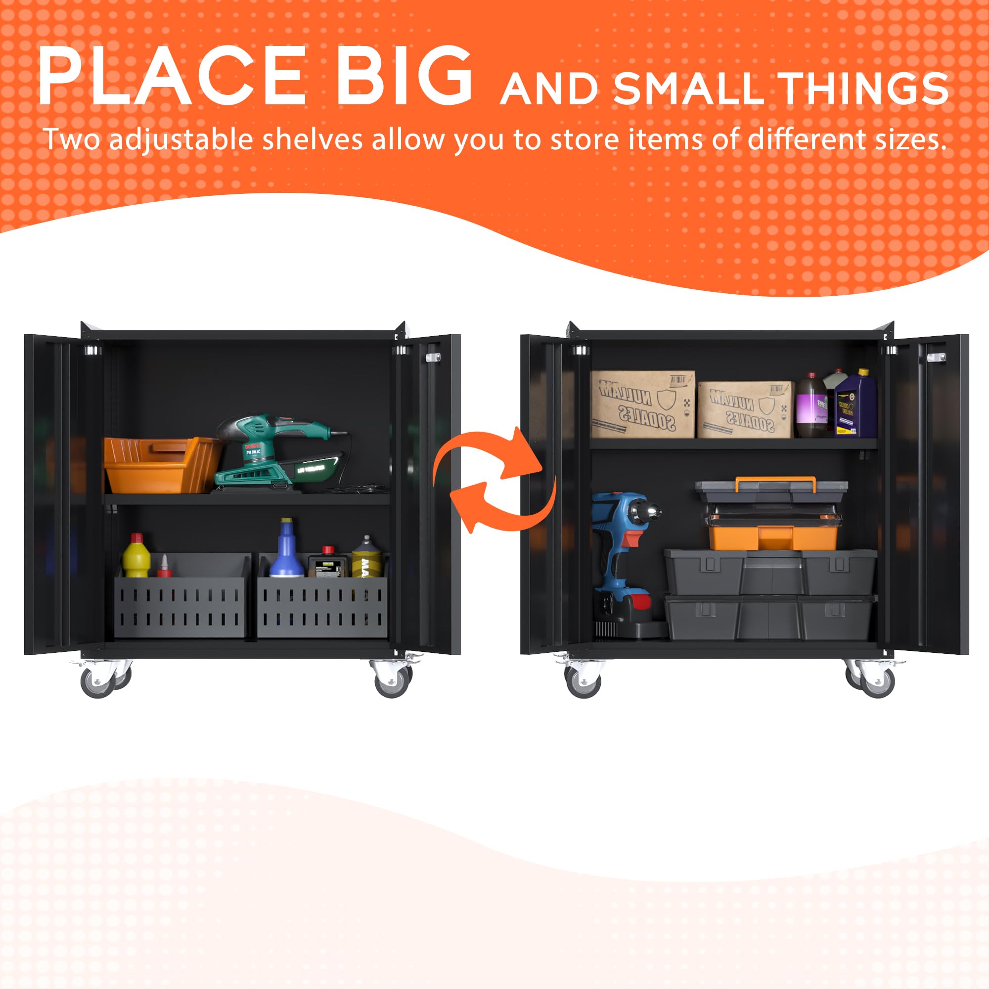 Aobabo 2-Door Heavy Duty Metal Tool Storage Cabinet with Wheels - Locking Steel Rolling Tool Chest for Garage Organization, Includes 1 Adjustable Shelf (Assembly Required) - Perfect for Workshop, Garage, and Industrial Tool Storage