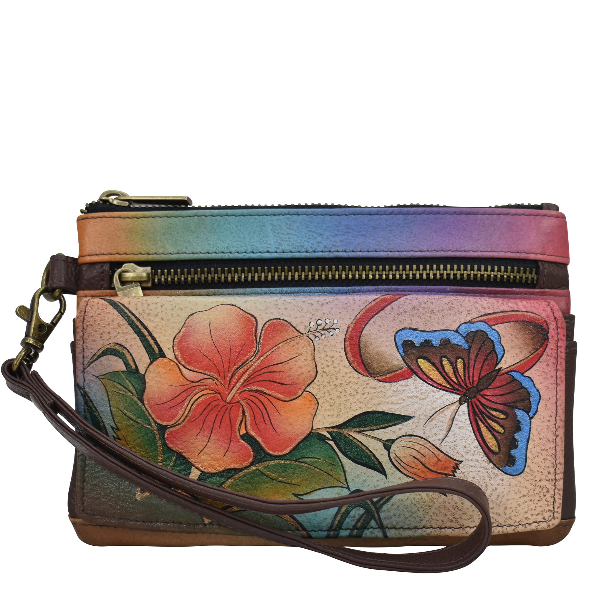 Anuschka Hand Painted Women's Leather Wristlet Wallet - Anna Collection with Antique Hibiscus Design | Perfect for Everyday Use, Travel & Gift Giving