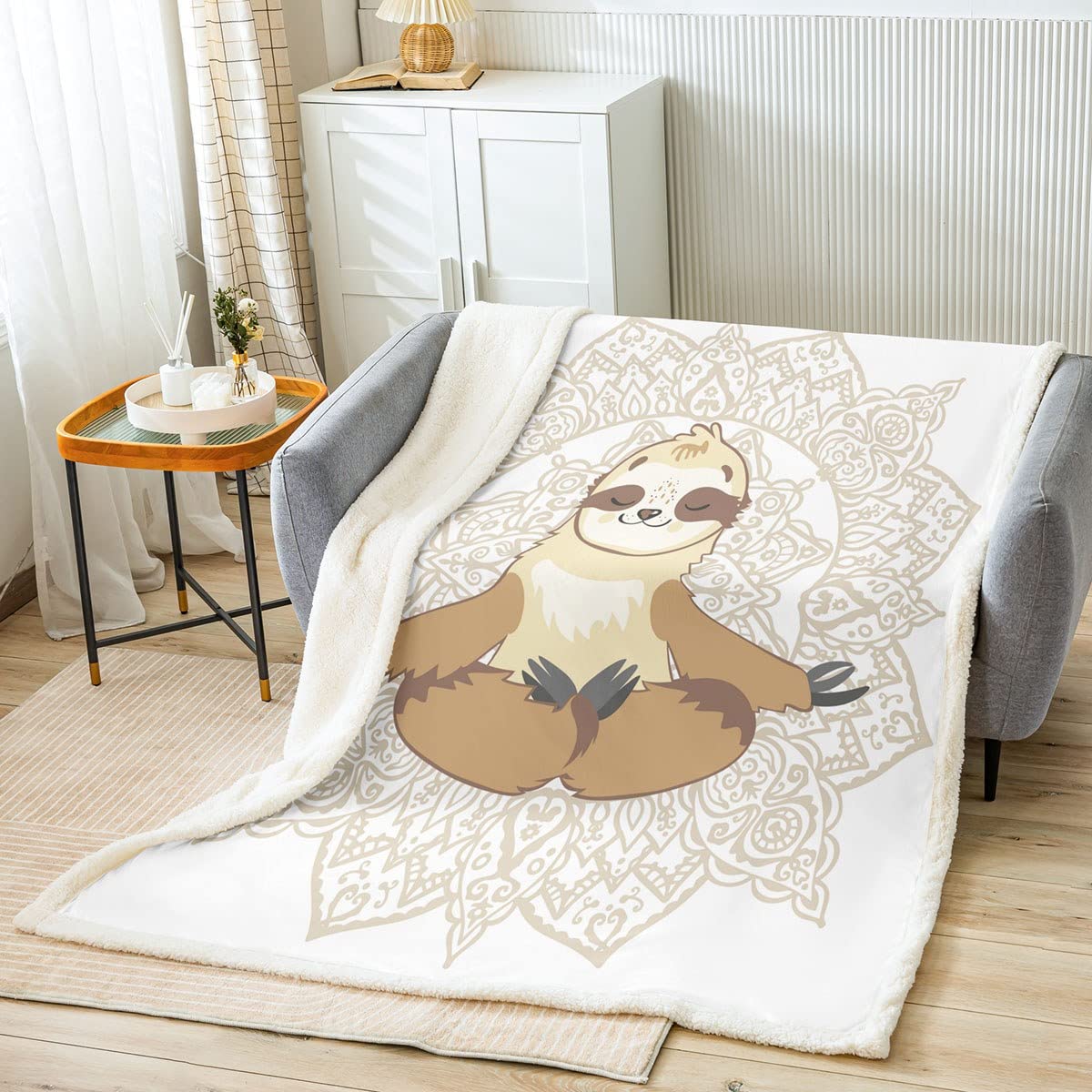 Soft Sloth Fleece Throw Blanket - Mandala Boho Exotic Style Bedding for Kids & Teens, Floral Cartoon Animal Design - Cozy Fuzzy Blanket for Boys & Girls Room Decor (30x40 Inches) - Perfect for Nursery, Dorm, Sofa & Gift Giving