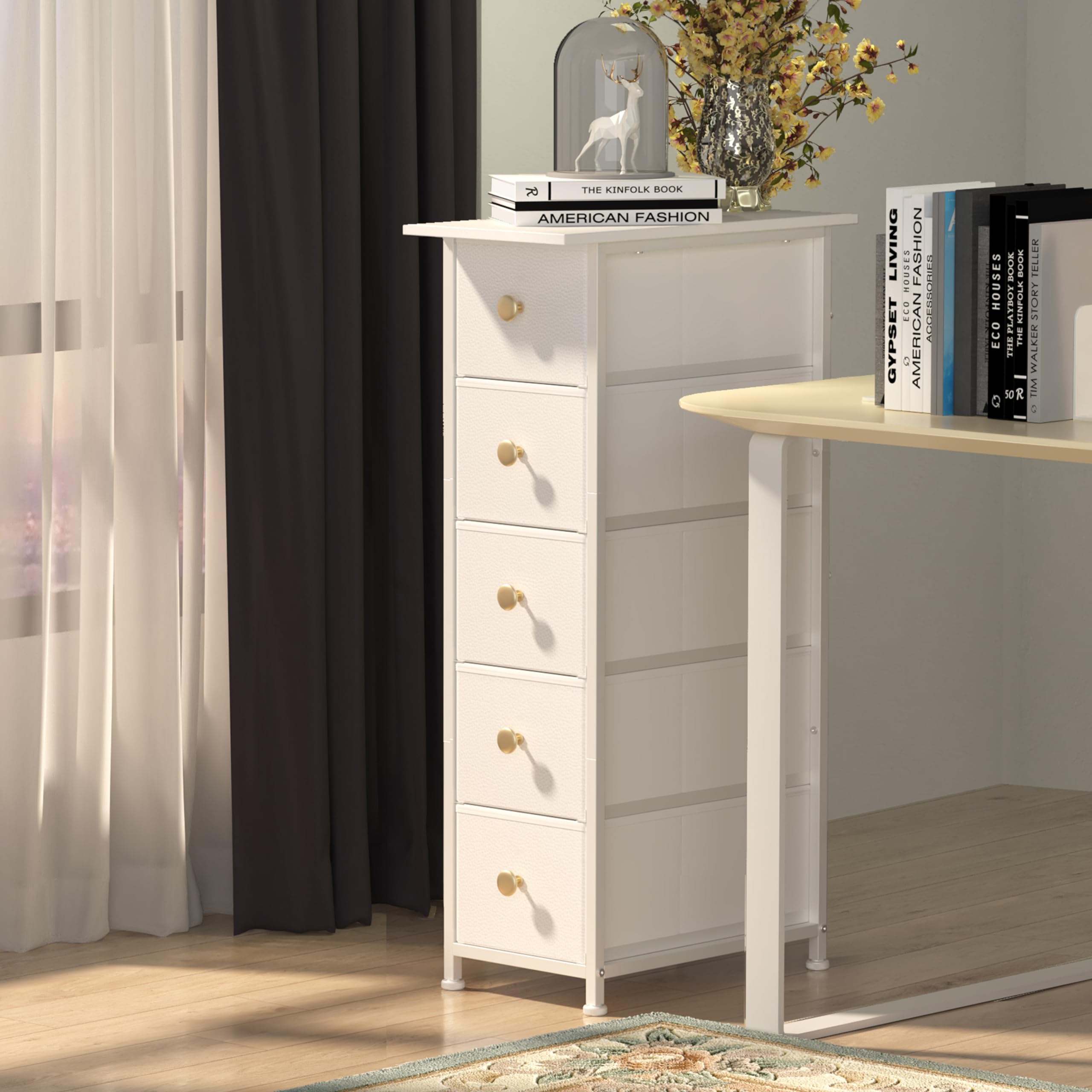 Narrow Vertical Slim Dresser Cabinet - 5 Drawer Skinny Storage Tower for Small Spaces, Gaps, Closet, Bedroom & Bathroom | Space-Saving Fabric Drawer Unit (White) | Perfect for Apartments, Dorms & Tiny Homes