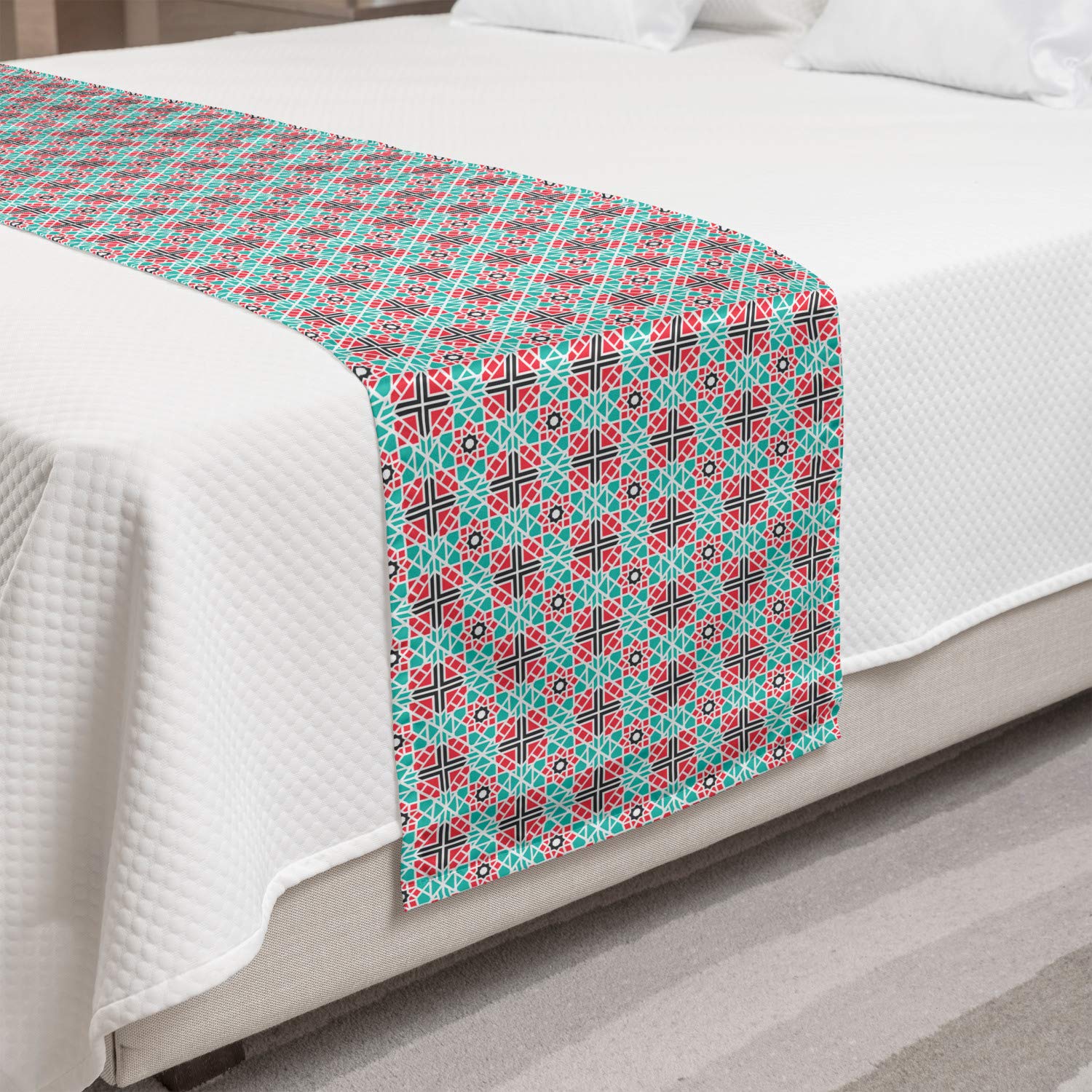 Ambesonne Azulejo Bed Runner - Portuguese Ceramic Tile Design with Asian Geometric Patterns, Decorative Bed Scarf for Queen & King Beds - Turquoise & Dark Coral Home Decor | Perfect for Hotels, Guest Rooms & Master Bedrooms