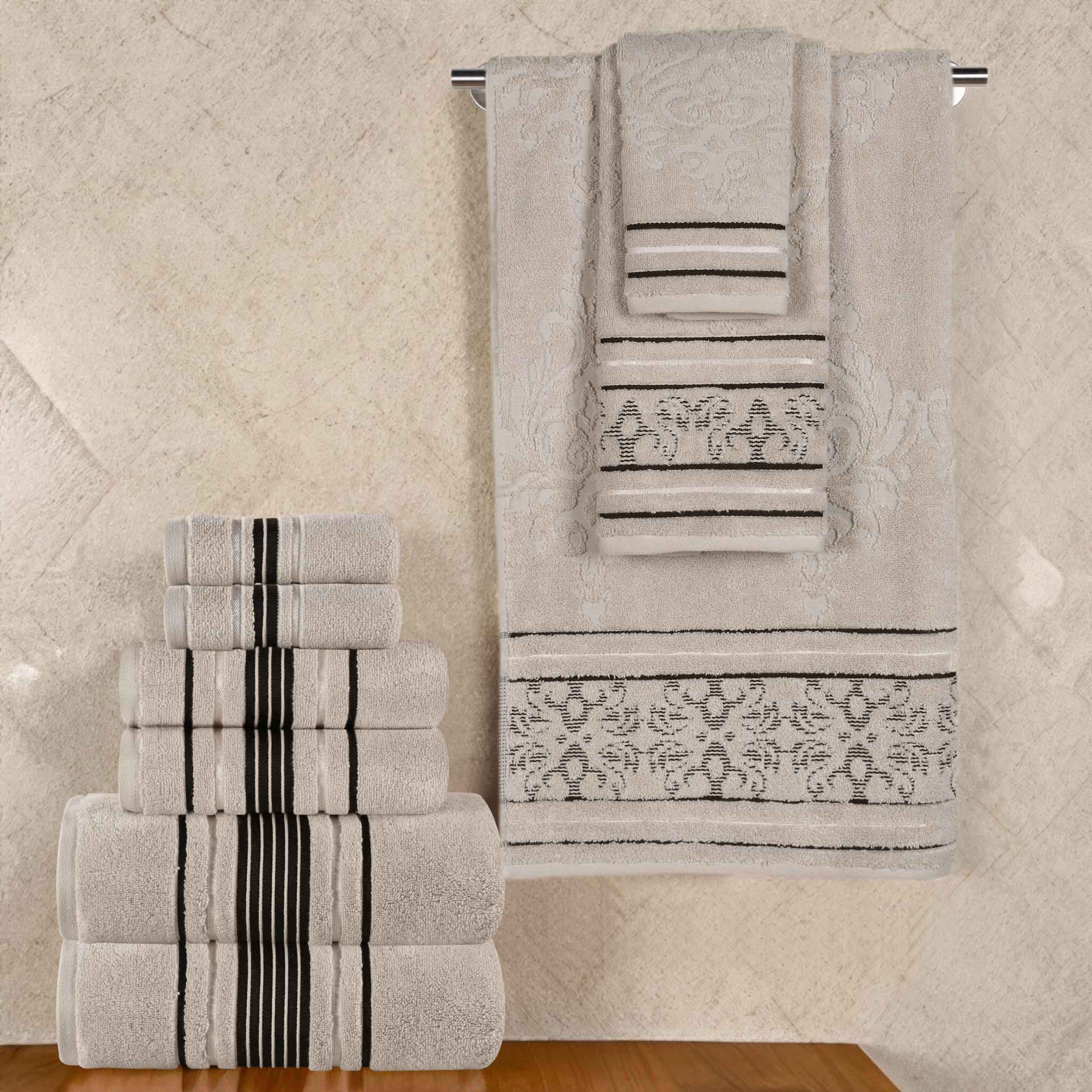 Sadie 9-Piece Zero Twist Cotton Towel Set - Solid & Jacquard Floral Bath Towels, Hand Towels & Washcloths - Soft & Absorbent for Bathroom, Spa & Guest Room