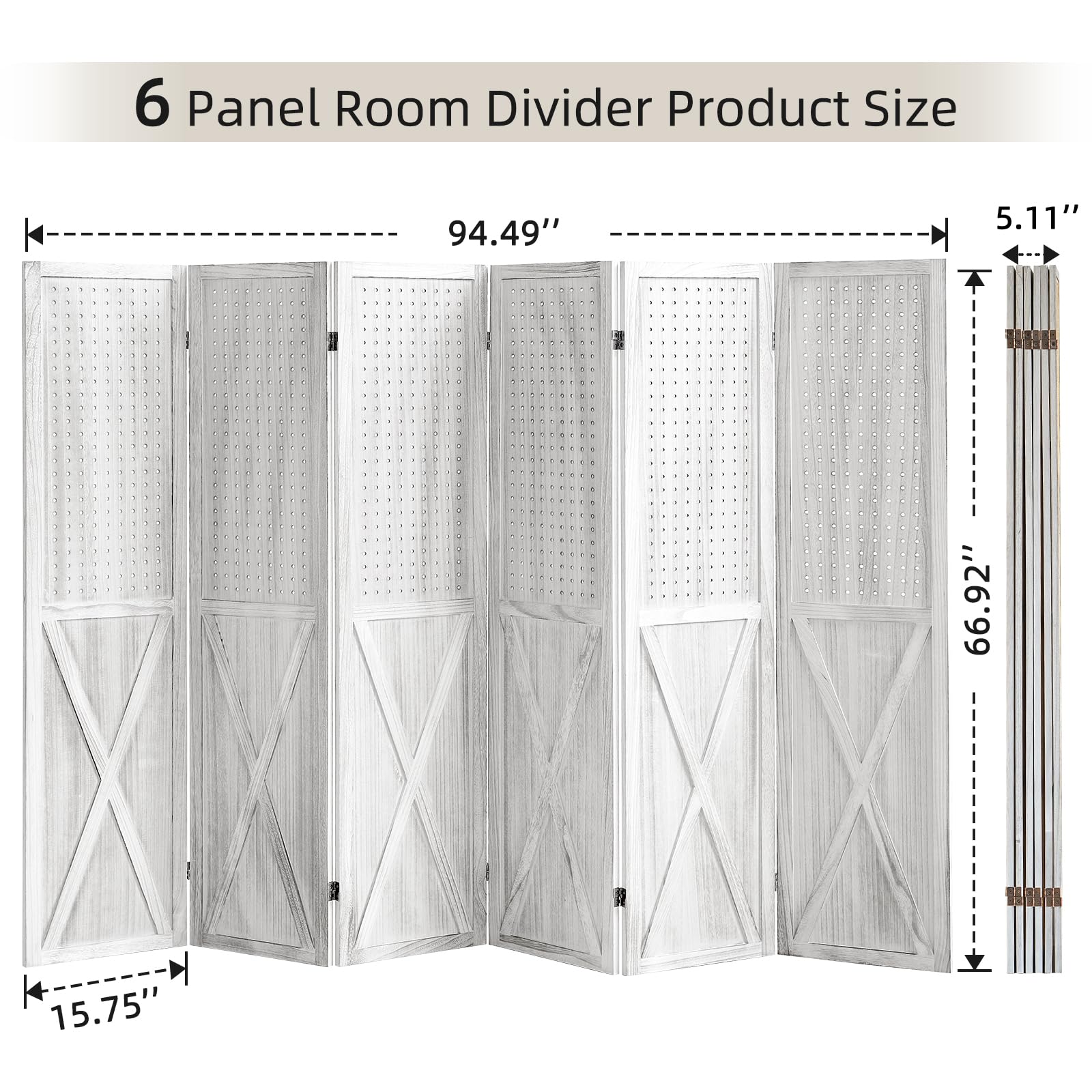 6 Panel Pegboard Room Divider & Folding Privacy Screen - 5.6Ft Tall Portable Display Stand Organizer for Home, Office, and Retail Spaces (White) - Perfect for Room Separation, Craft Shows, and Trade Displays