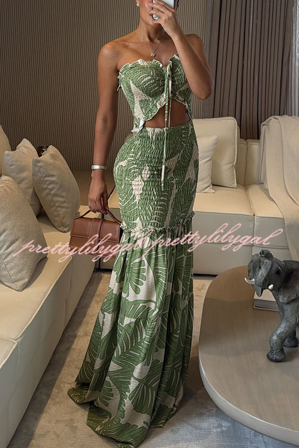 Vivica Floral Smocked Cutout Halter Fishtail Stretch Maxi Dress - Elegant Summer Beach Wedding Guest Dress for Women