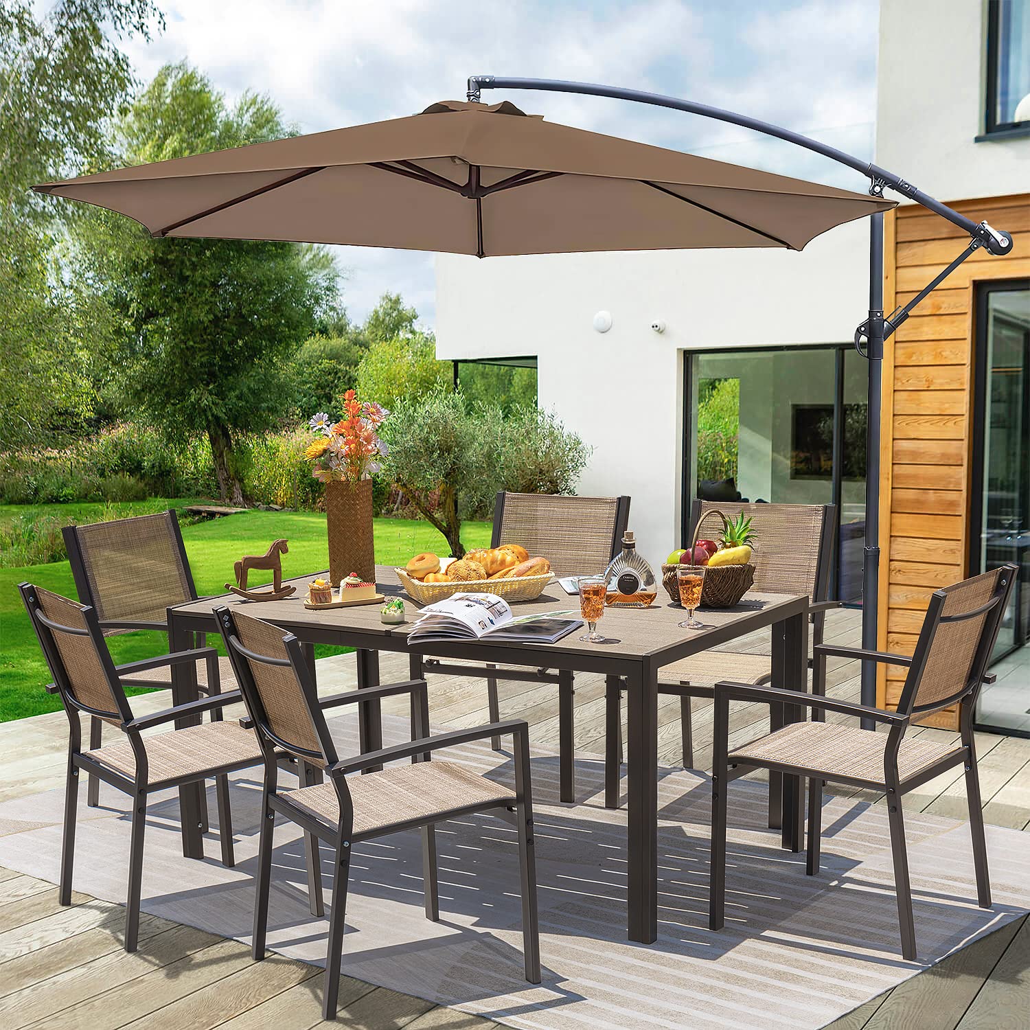 Homall 7-Piece Outdoor Patio Dining Set with 6 Stackable Textilene Chairs & Large Table - Beige Garden Furniture for Yard, Porch, Poolside & Backyard Entertaining