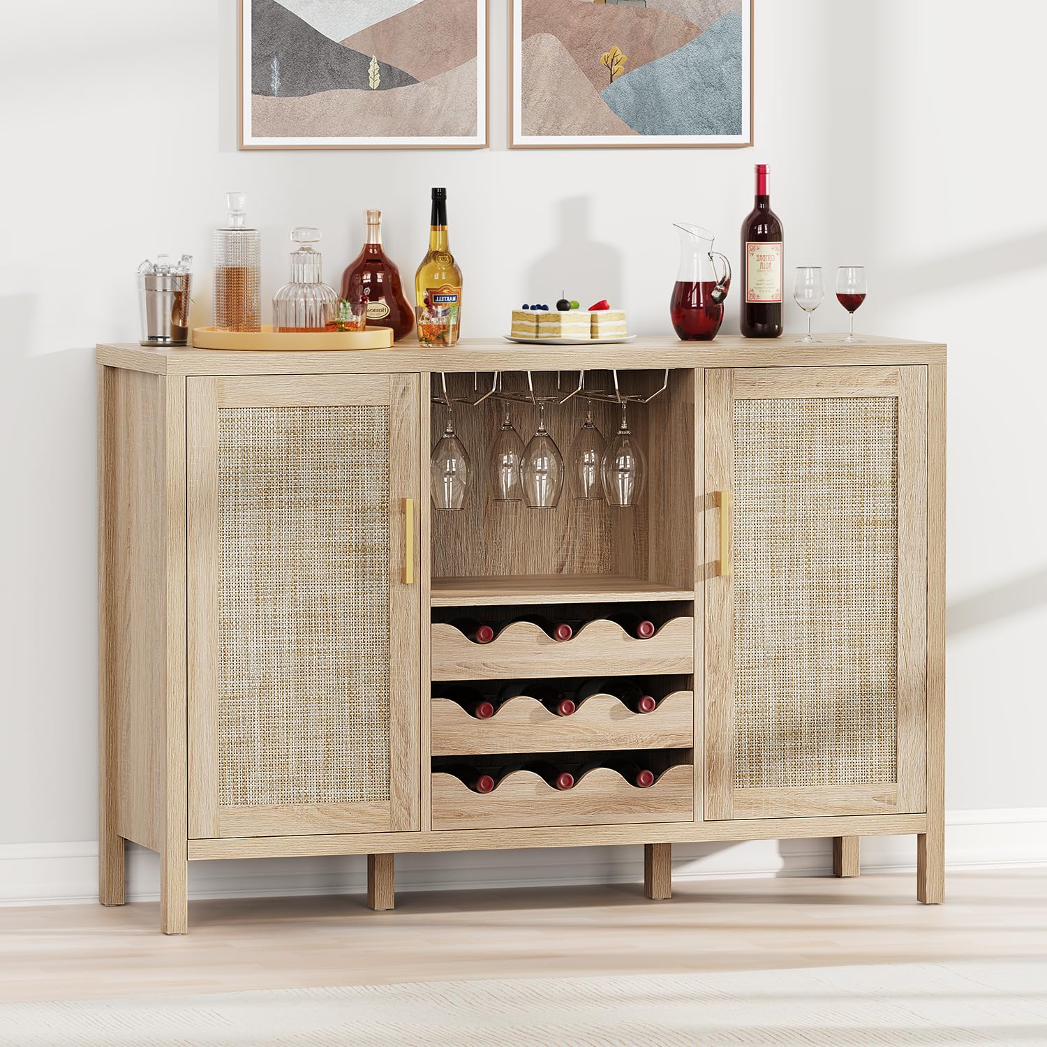 Boho Rattan Wine Bar Cabinet with Glass Holder & Drawer Style Wine Racks - Oak Sideboard Buffet Storage Cabinet for Living Room, Dining Room & Kitchen - Perfect for Home Entertaining & Wine Storage