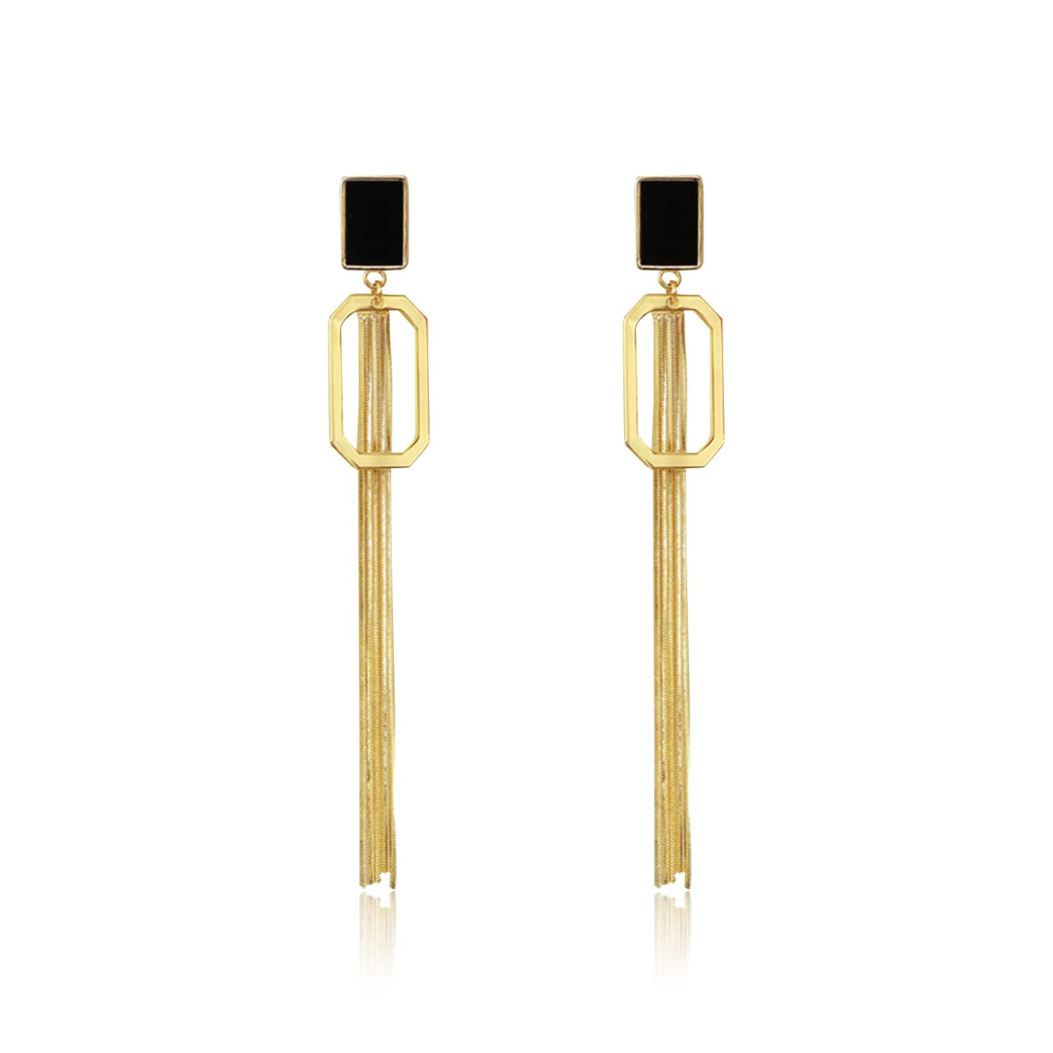 TIANHONGYAN Fashion Gold Long Tassel Drop Earrings - Geometric Black Square Metal Chain Dangle Earrings for Women | Statement Jewelry Gift for Her, Party & Evening Wear