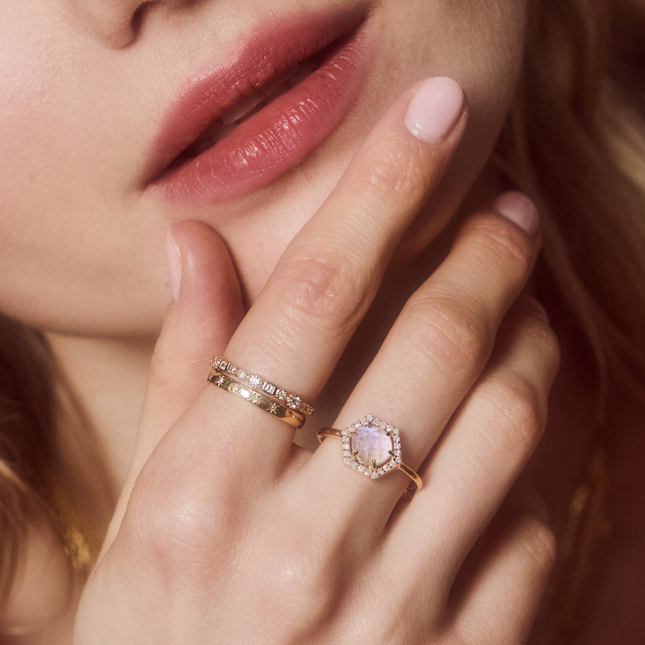 Moonstone & Diamond Hexagon Ring for Women - Elegant Vintage Jewelry for Engagement, Wedding, and Special Occasions