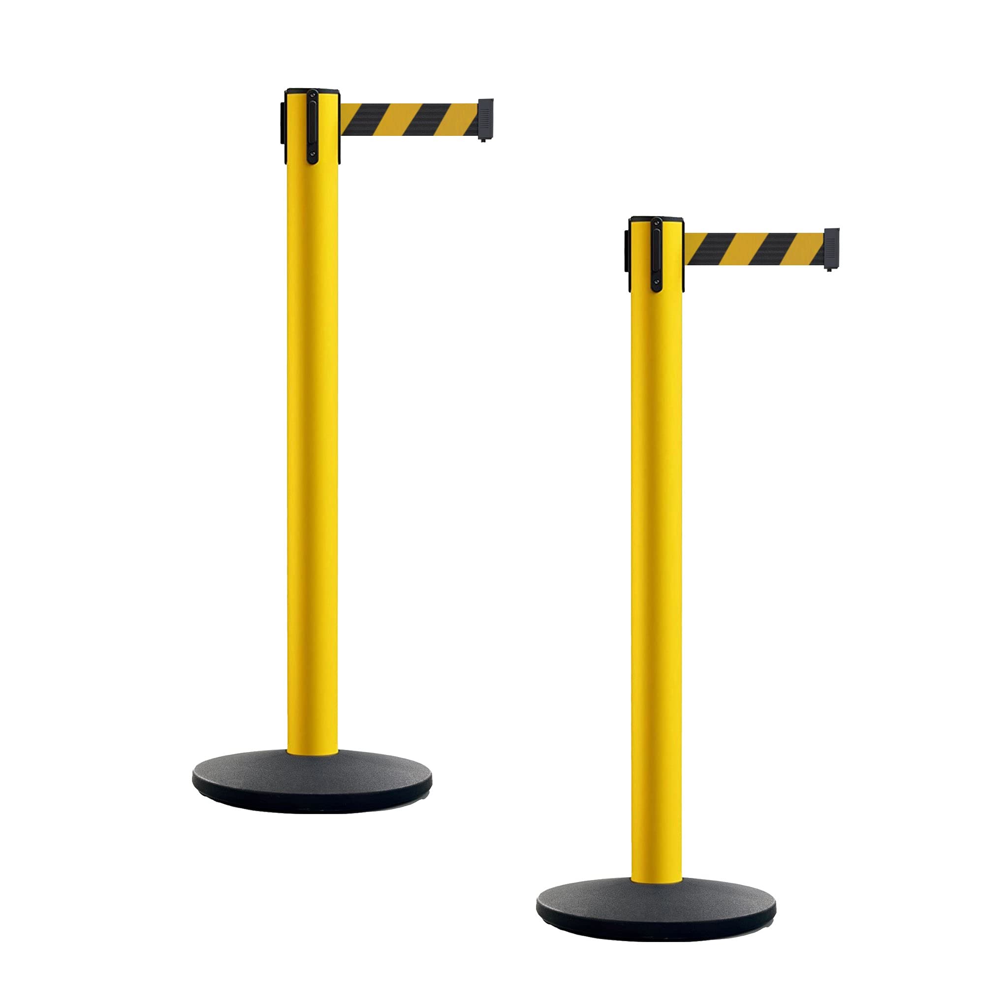 Montour Line MI650 Set of 2 Retractable Belt Barrier Stanchions with Cast Iron Base - 16ft Black & Yellow Diagonal Belt for Crowd Control - Perfect for Events, Queues, and Retail Spaces