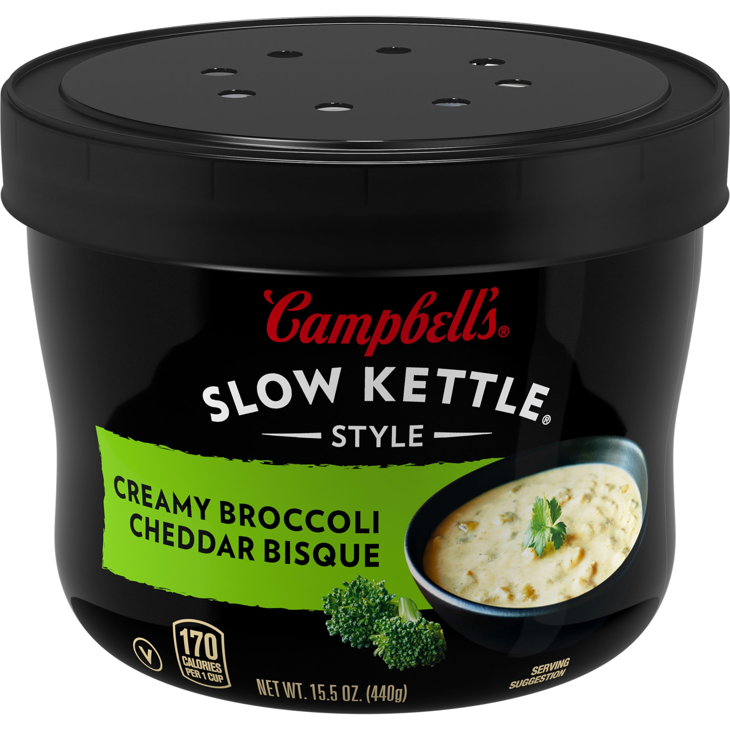 Campbell's Slow Kettle Style Creamy Broccoli Cheddar Soup - 15.5 oz Microwavable Bowl - Quick Lunch, Easy Dinner, or Comforting Snack