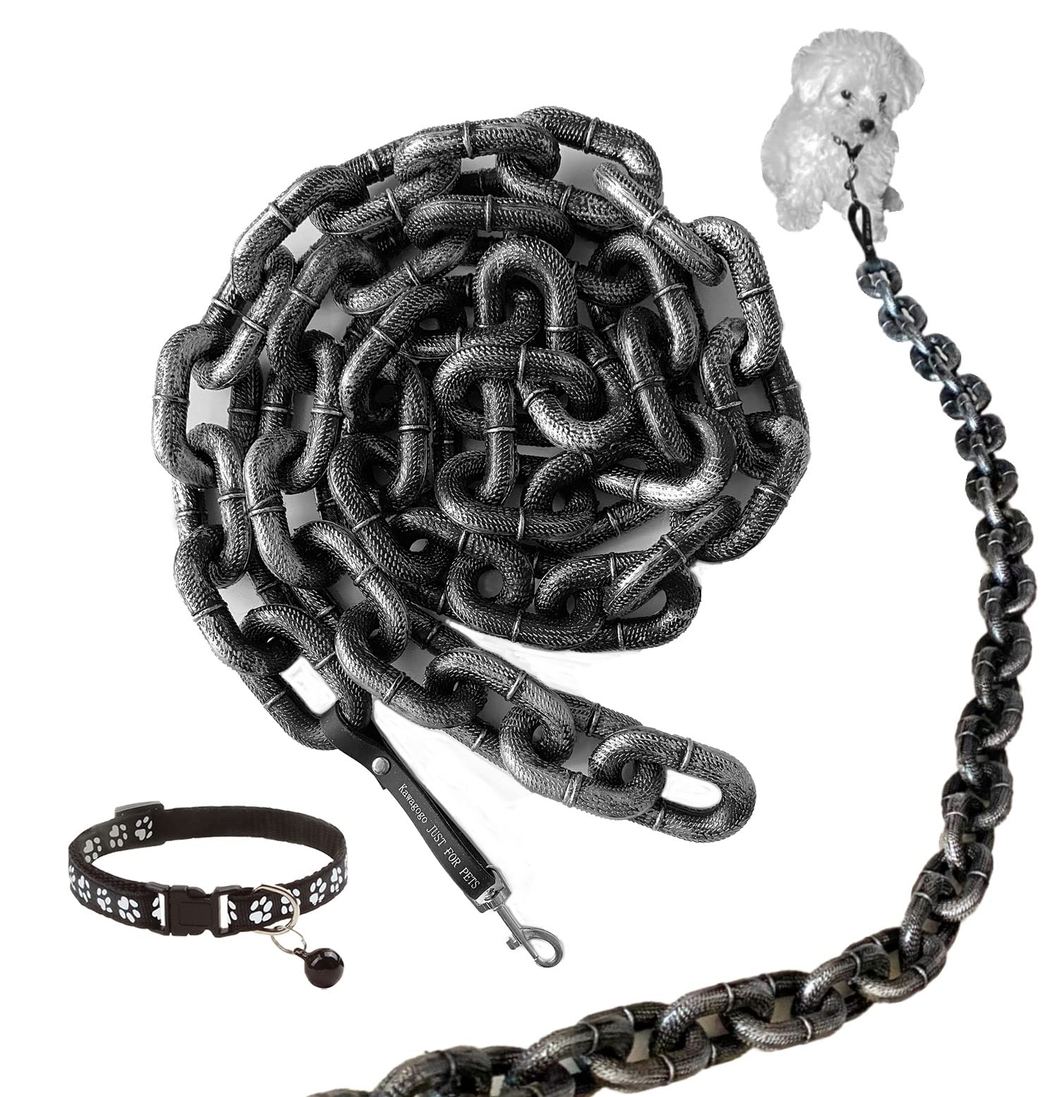 Funny Fake Big Dog Chain Leash - Durable Plastic Material Imitating Iron Chains - Perfect for Small Dogs, Cats & Puppies (Chihuahua, Teddy, Poodle, Papillon) - Includes Adjustable Puppy Collar - Great for Costume Parties, Pet Photos & Playtime