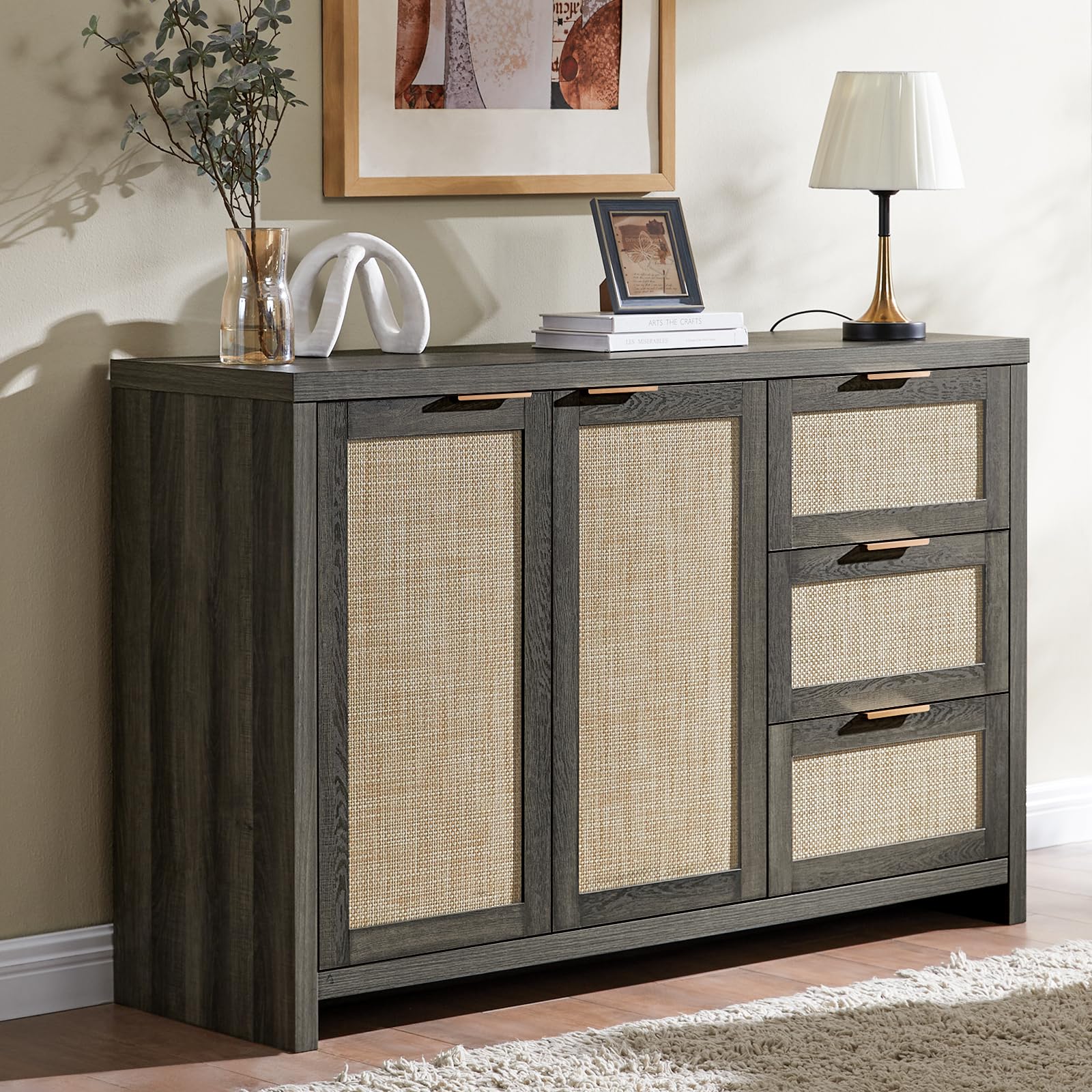 Midnight Oak Rattan Sideboard Cabinet - 3 Drawers & 2 Doors Kitchen Storage Organizer, Buffet Console Table for Dining Room, Hallway, Living Room & Bar - Perfect for Entertaining Guests & Home Organization