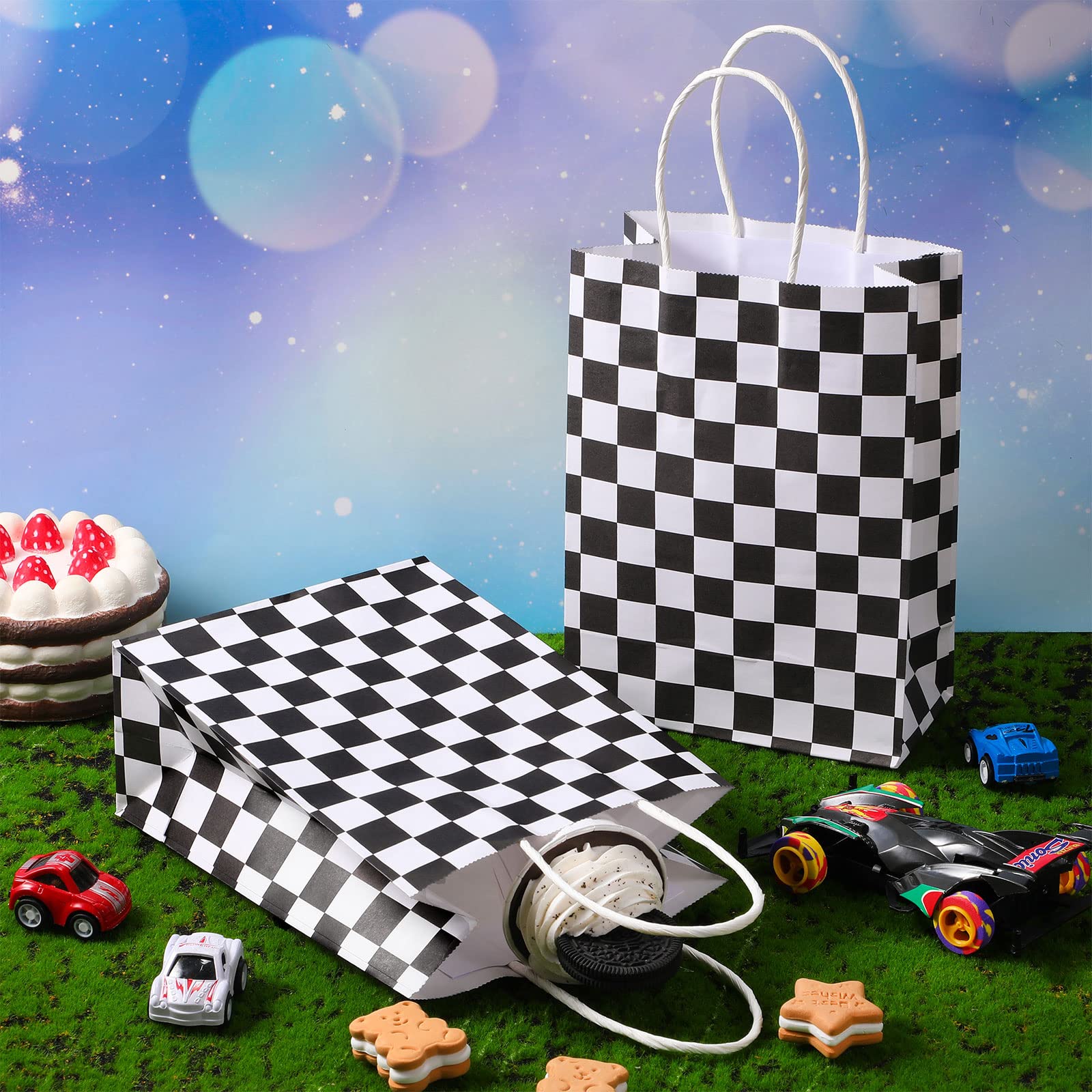 Epakh 16 Pcs Checkered Racing Treat Bags - Black & White Race Car Party Favors with Handles - Themed Birthday Party Supplies - Perfect for Race Car Birthday Parties, Candy Goodie Bags, and Checkered Flag Decorations