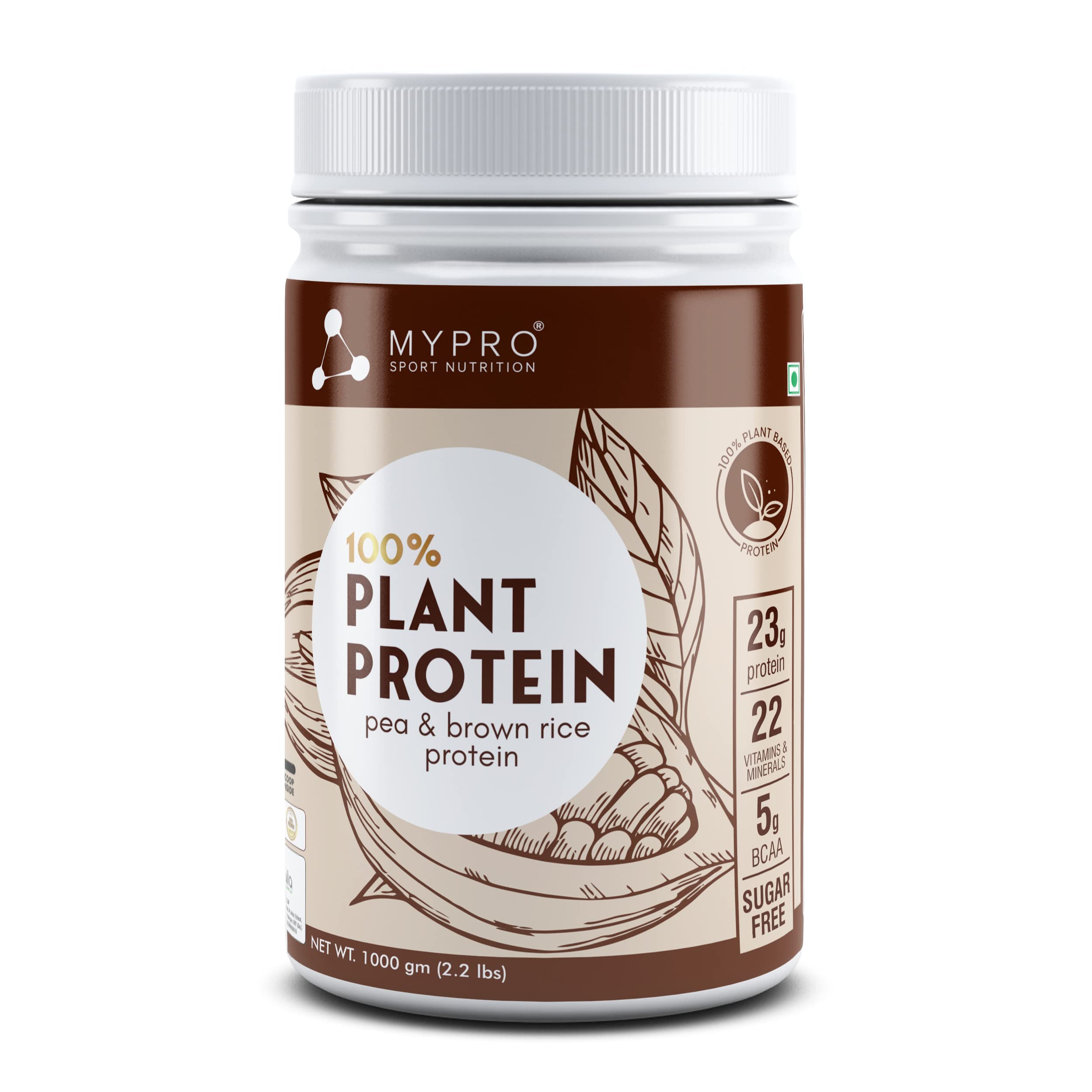 Mypro Sport Nutrition Plant Protein Powder - Pea & Brown Rice Protein (23g Protein, 22 Vitamins & Minerals, 5g BCAA) Vegan Protein Supplement for Men & Women - Chocolate Flavor (1000g) for Post-Workout Recovery & Muscle Growth