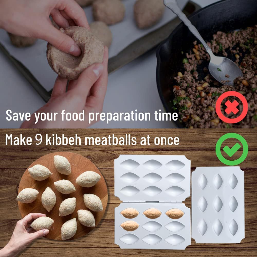 Premium Kibbeh Rolls Maker Mold - 9 Grids Meatball Mold Tool (7cm) for Middle Eastern Cuisine - Perfect for Homemade Kibbeh, Falafel & Meatballs