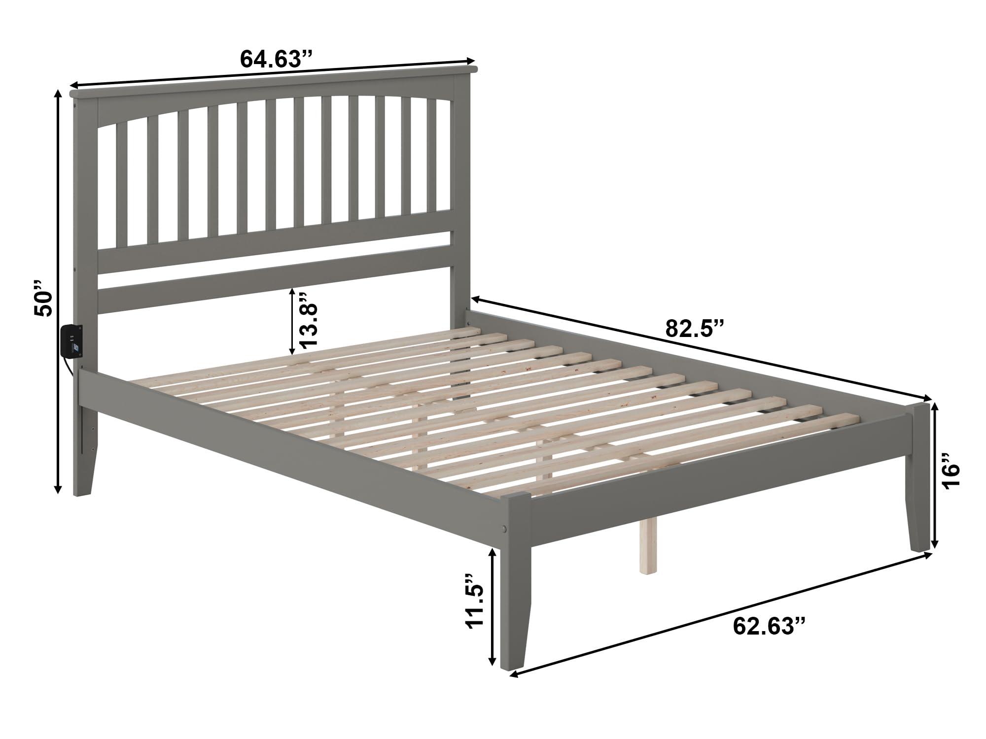 AFI Mission Queen Platform Bed Frame with USB Charging Ports - Modern Grey Wooden Bed for Small Spaces, Perfect for Apartments & Guest Rooms