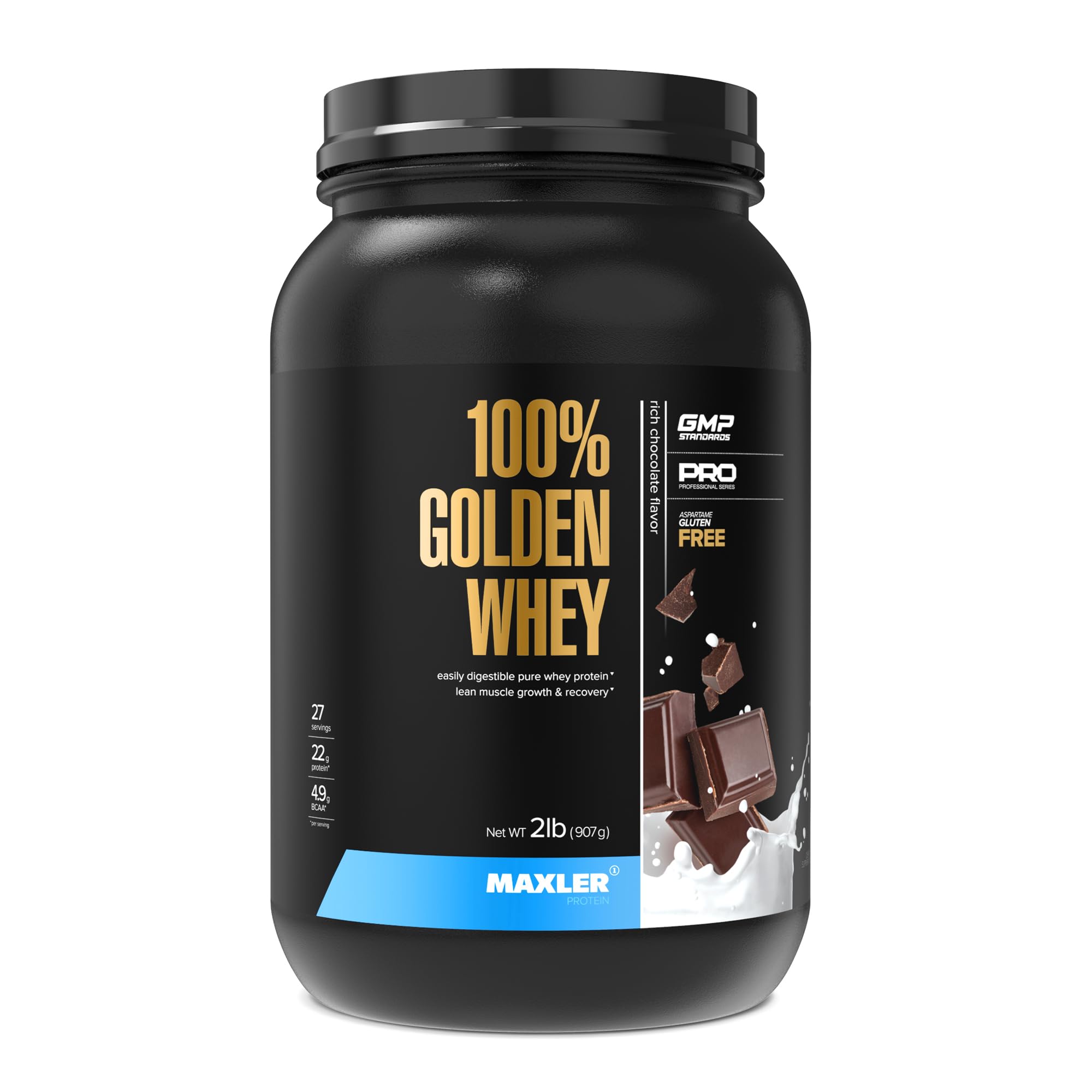 Maxler 100% Golden Whey Protein Powder - 22g Protein per Serving, Low Fat & Low Carb, Rich Chocolate Flavor (2 lbs) - Post-Workout Recovery & Muscle Building Supplement for Athletes & Fitness Enthusiasts