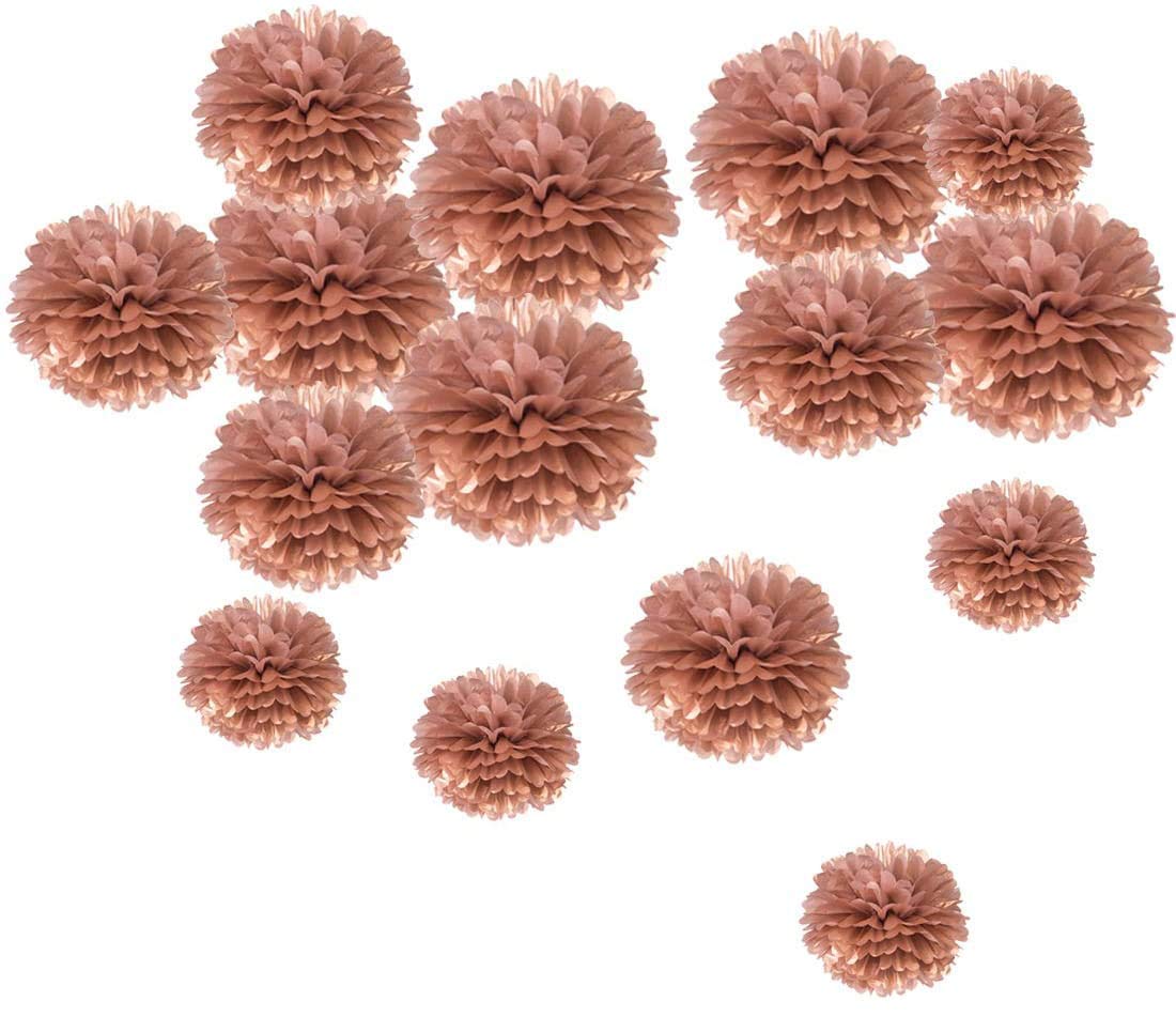 Rose Gold Tissue Paper Pom Poms - 15PCS Set (6'', 8'', 10'') for Birthday Party, Baby Shower, Bridal Shower & Wedding Decorations - SUNBEAUTY Floral Party Supplies - Perfect for Ceiling Decor, Photo Backdrops & Table Centerpieces