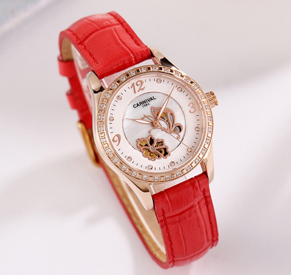 MASTOP Women's Automatic Mechanical Watch with Diamond Butterfly Dial & Genuine Leather Strap - Luminous Skeleton Watch for Business, Party & Everyday Wear