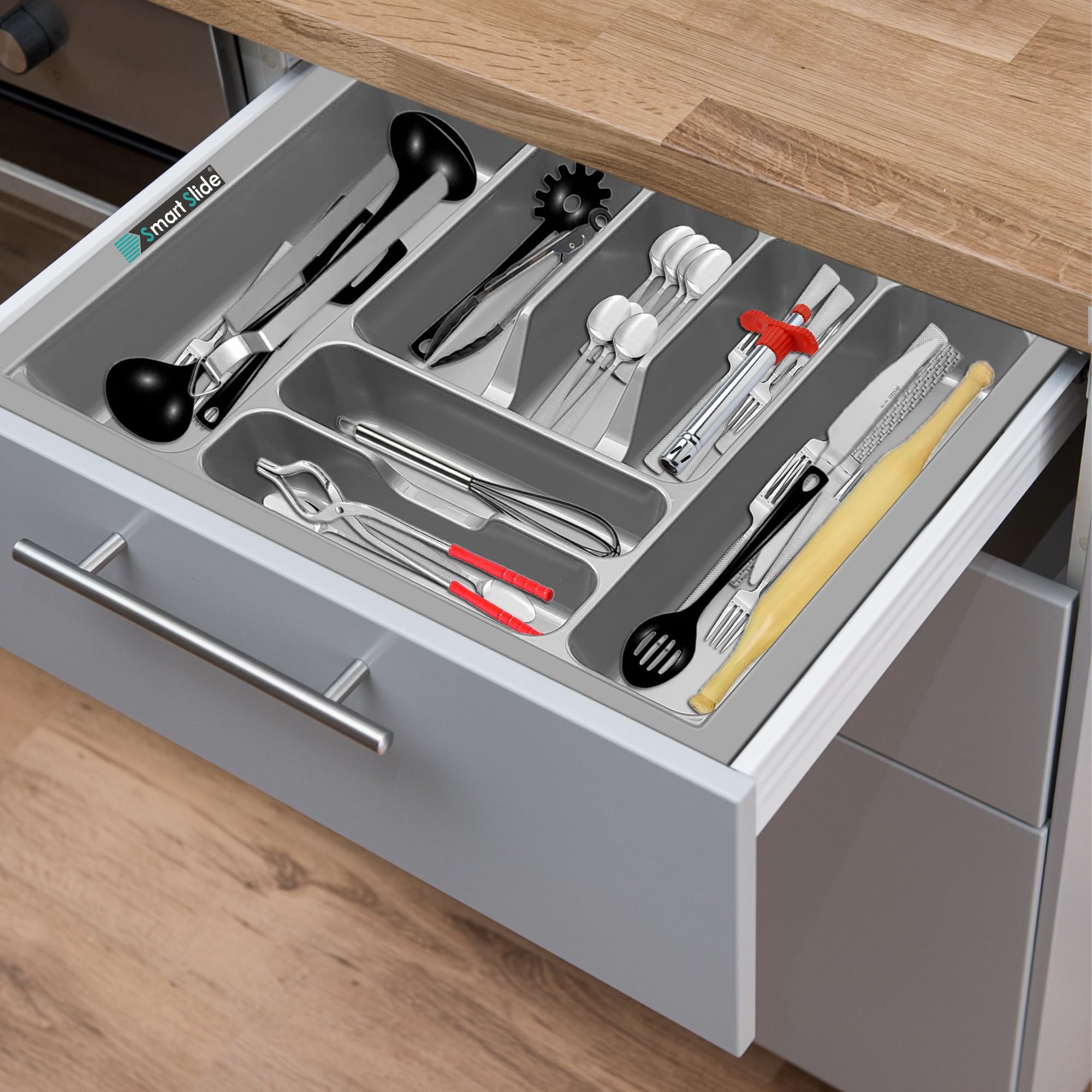 SmartSlide 530 X 475mm Kitchen Drawer Organizer - Cutlery Tray, Silverware & Cosmetics Storage for Modular Kitchen Baskets & Tandem Drawers - Perfect for Utensil Organization & Bathroom Accessories Storage