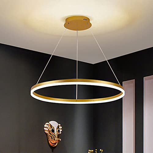 Modern LED Pendant Light - 16 Inch Gold Metal Ring Chandelier, Minimalist Hanging Lamp for Dining Room, Kitchen Island & Bedroom (White) - Energy Efficient Dimmable Lighting Fixture