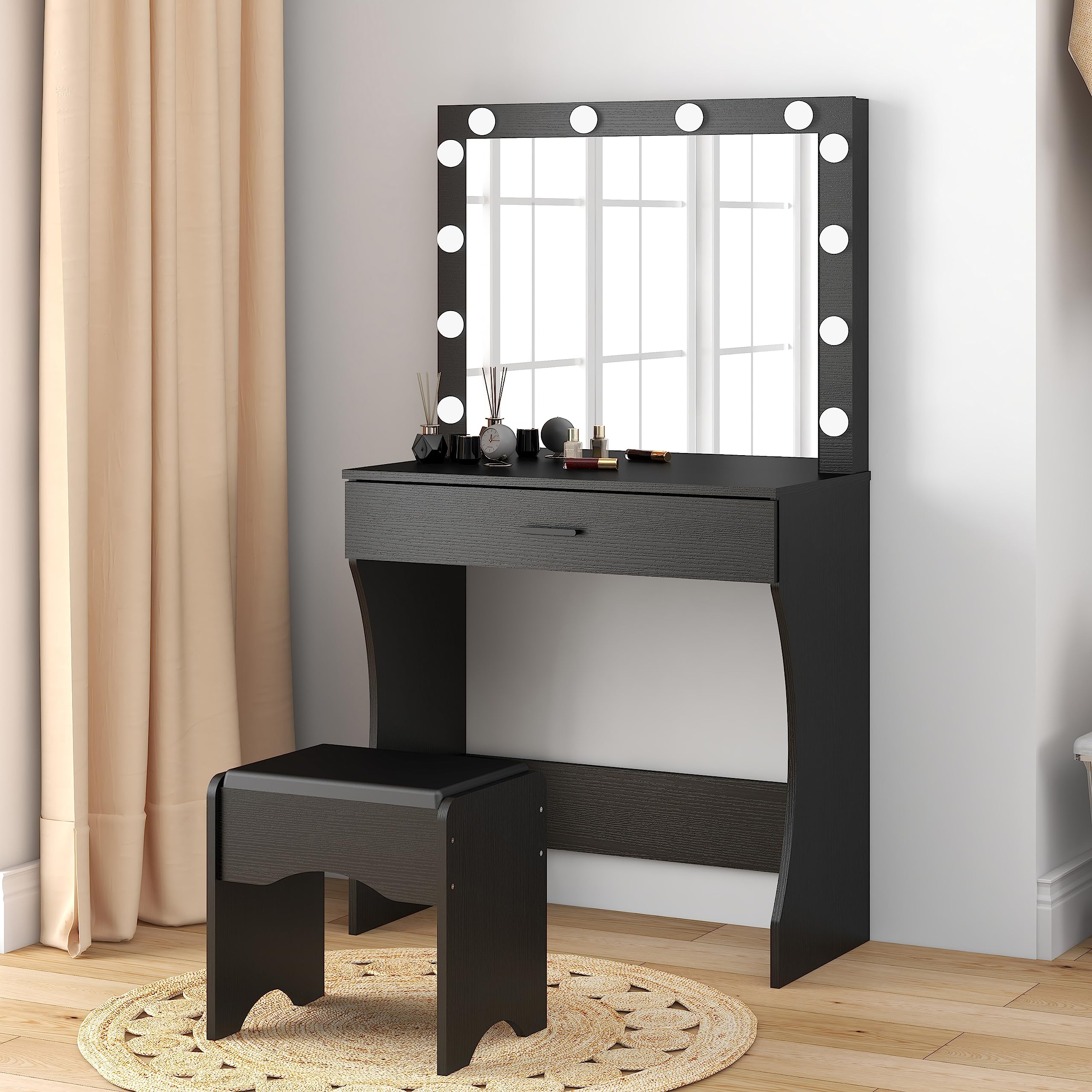 Vanity Desk with Mirror and Lights - Adjustable LED Makeup Vanity Table with Stool, 1 Drawer Storage, Modern Dressing Table for Bedroom (Black) | Perfect for Makeup Application, Skincare Routine & Home Decor