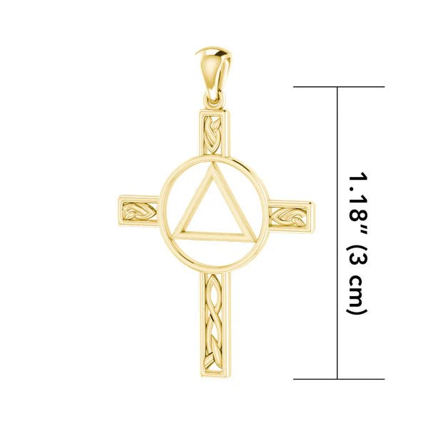 14K Yellow Gold Celtic Knotwork Cross Pendant with AA Recovery Symbol - Perfect for Sobriety Gifts & Spiritual Jewelry