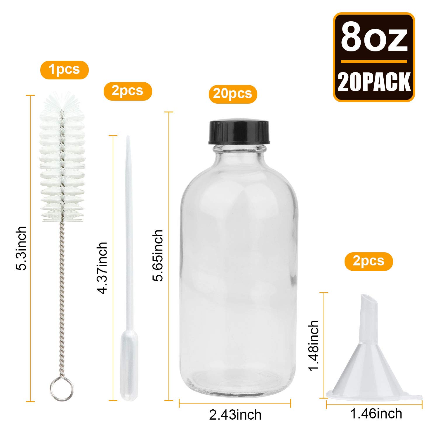 8oz Clear Glass Bottle Set of 20 - Reusable Airtight Glass Containers for Shampoo, Conditioner, Essential Oils, DIY Beauty Products - Perfect for Home, Salon & Travel Storage