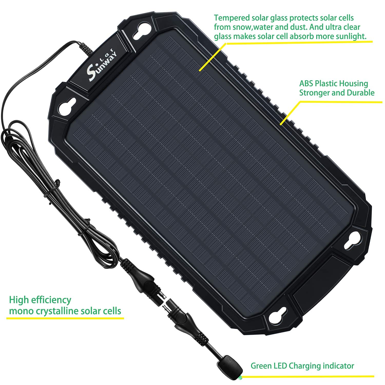 Sunway 12V 8W Solar Car Battery Trickle Charger & Maintainer - Waterproof Portable Solar Panel Power Kit for Automotive, RV, Boat, Motorcycle, Trailer, Tractor - Ideal for Outdoor, Camping & Emergency Power Backup
