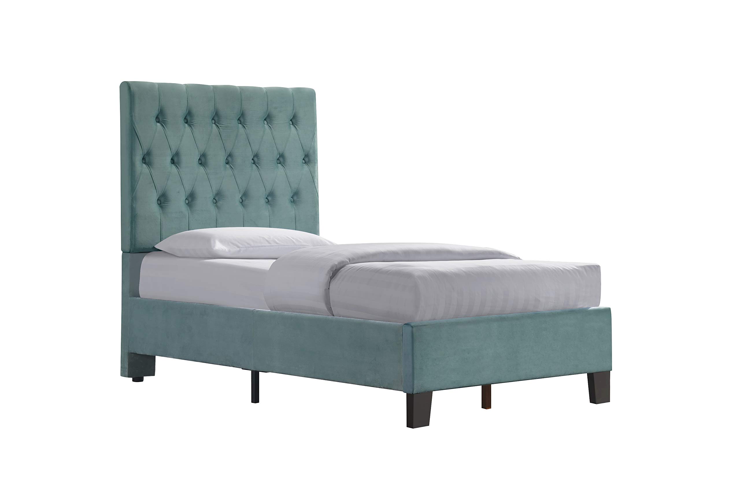 Wallace & Bay Dalton Velvet Twin Upholstered Bed Frame - Aqua Blue Velvet Fabric, Soft Tufted Headboard, Sturdy Wooden Frame for Bedroom Decor, Perfect for Kids Room, Guest Room or Small Space