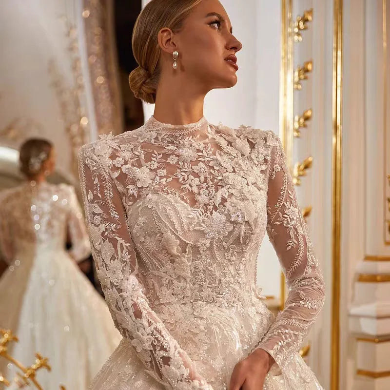 Elegant Long Sleeve Lace Wedding Dress - A-Line High Neck Muslim Bridal Gown for Modest Brides | Perfect for Islamic Weddings, Church Ceremonies & Formal Occasions