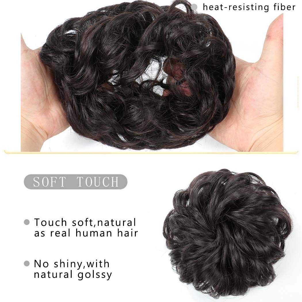 Vinzar Synthetic Hair Bun - Curly Wavy Hair Extensions Ponytail with Elastic Scrunchie | Half Updo Hairpieces & Wig Scrunchies for Women (Black Brown) | Perfect for Parties, Weddings & Daily Styling