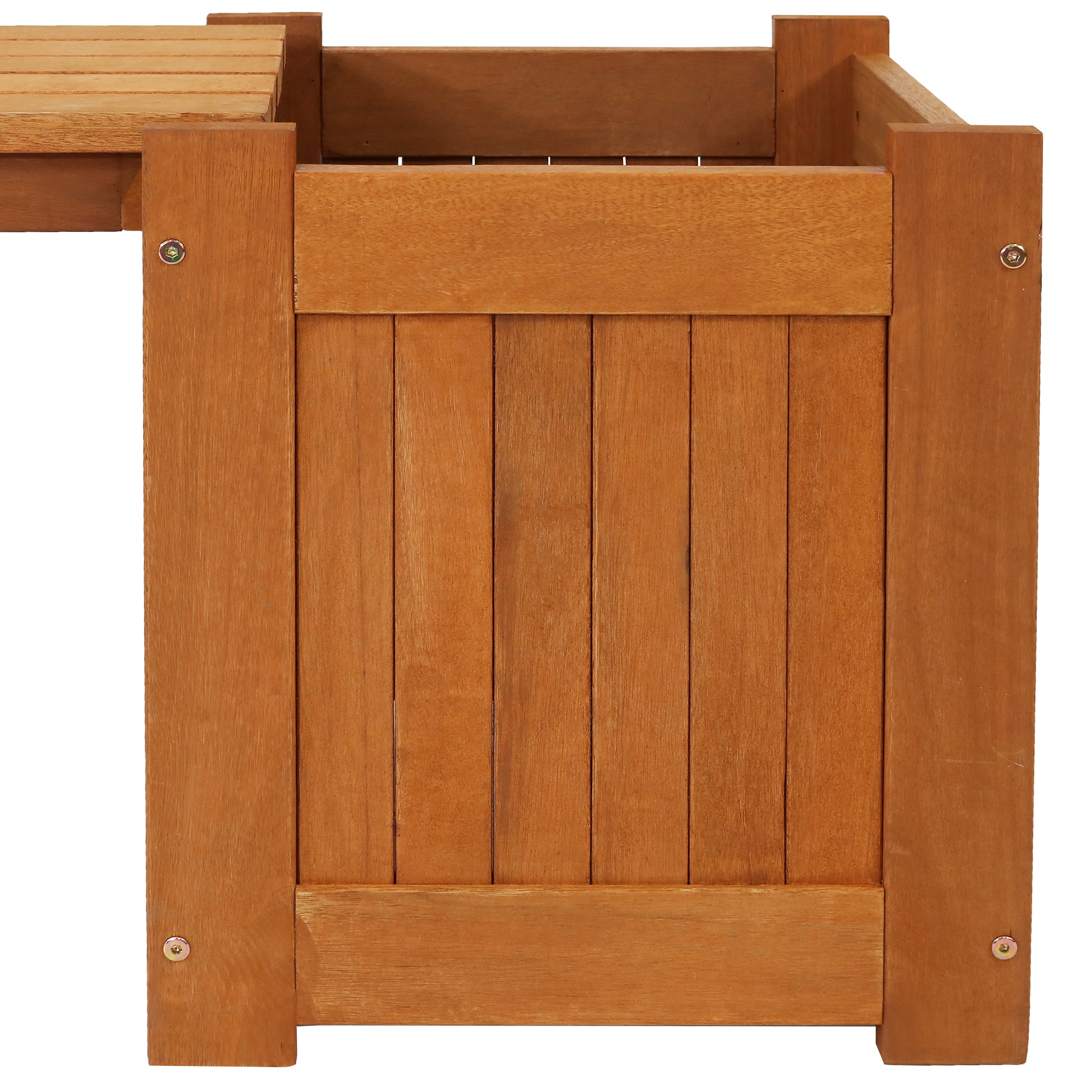 Sunnydaze Meranti Wood Outdoor Planter Box Bench with Teak Oil Finish - 68 Inch Garden Seating & Storage Solution for Patio, Deck, or Backyard